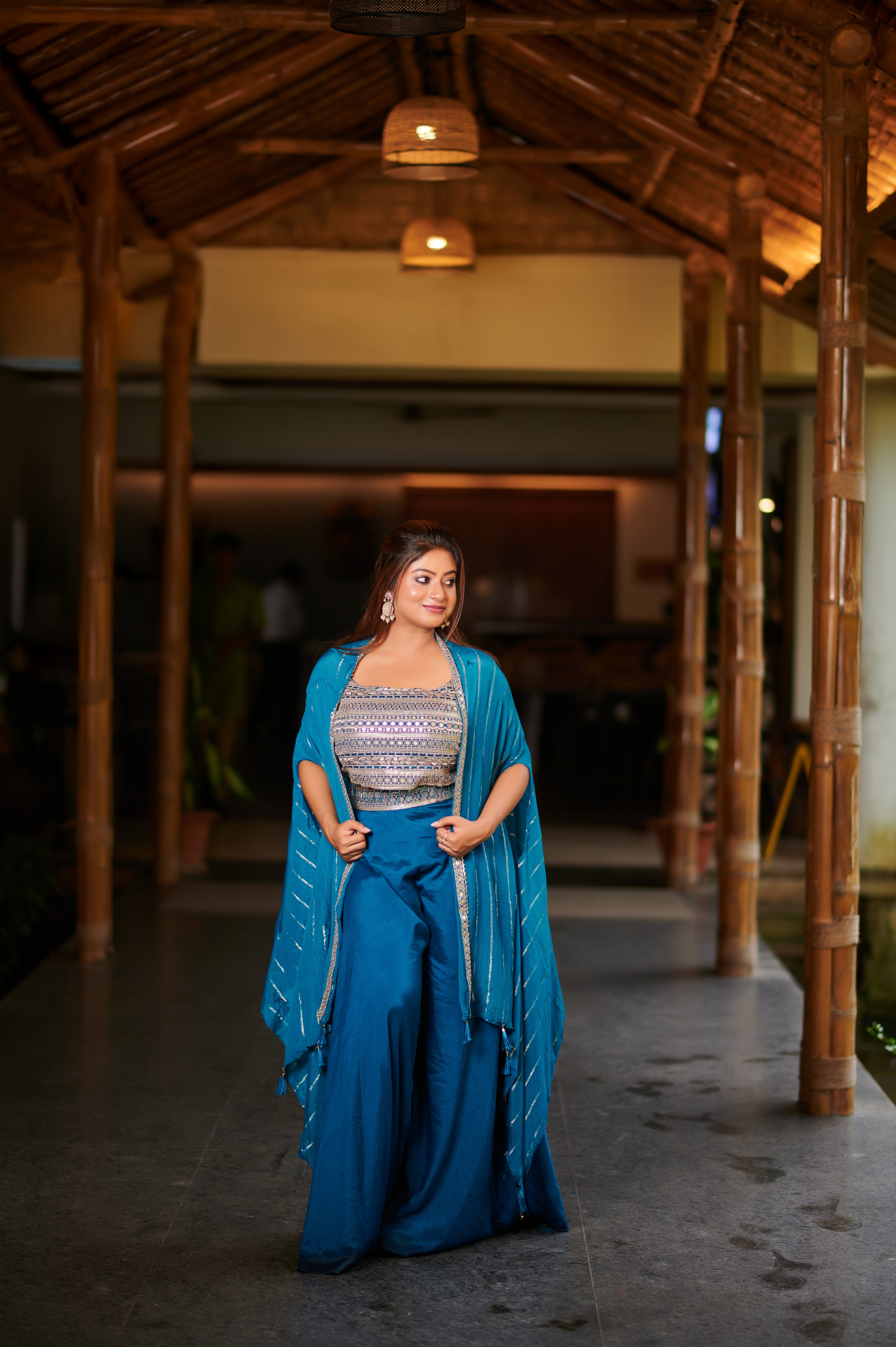 Midnight Teal Indo-Western Cape Set