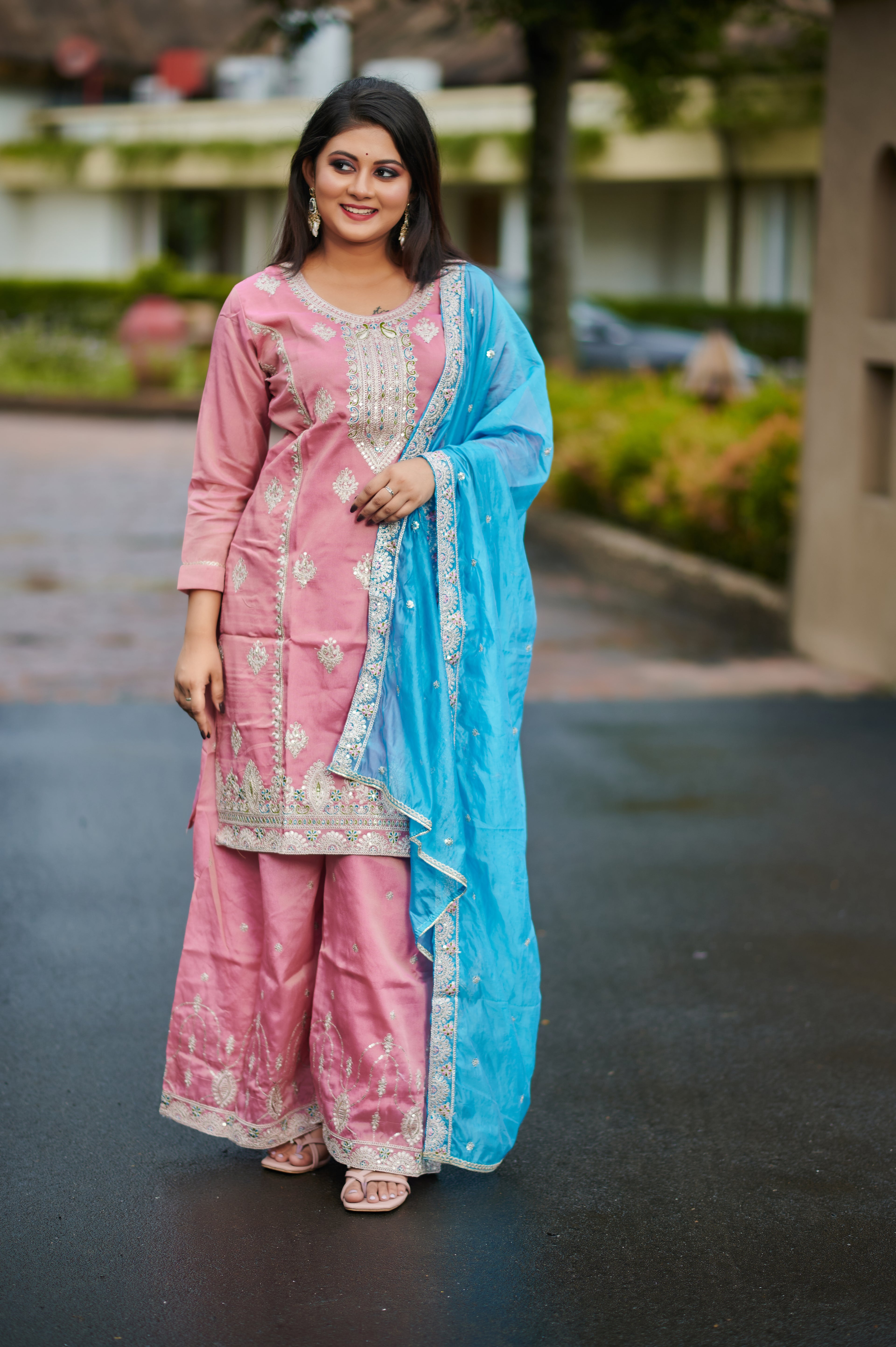 Blush Pink & Sky Blue Embroidered Kurta Set