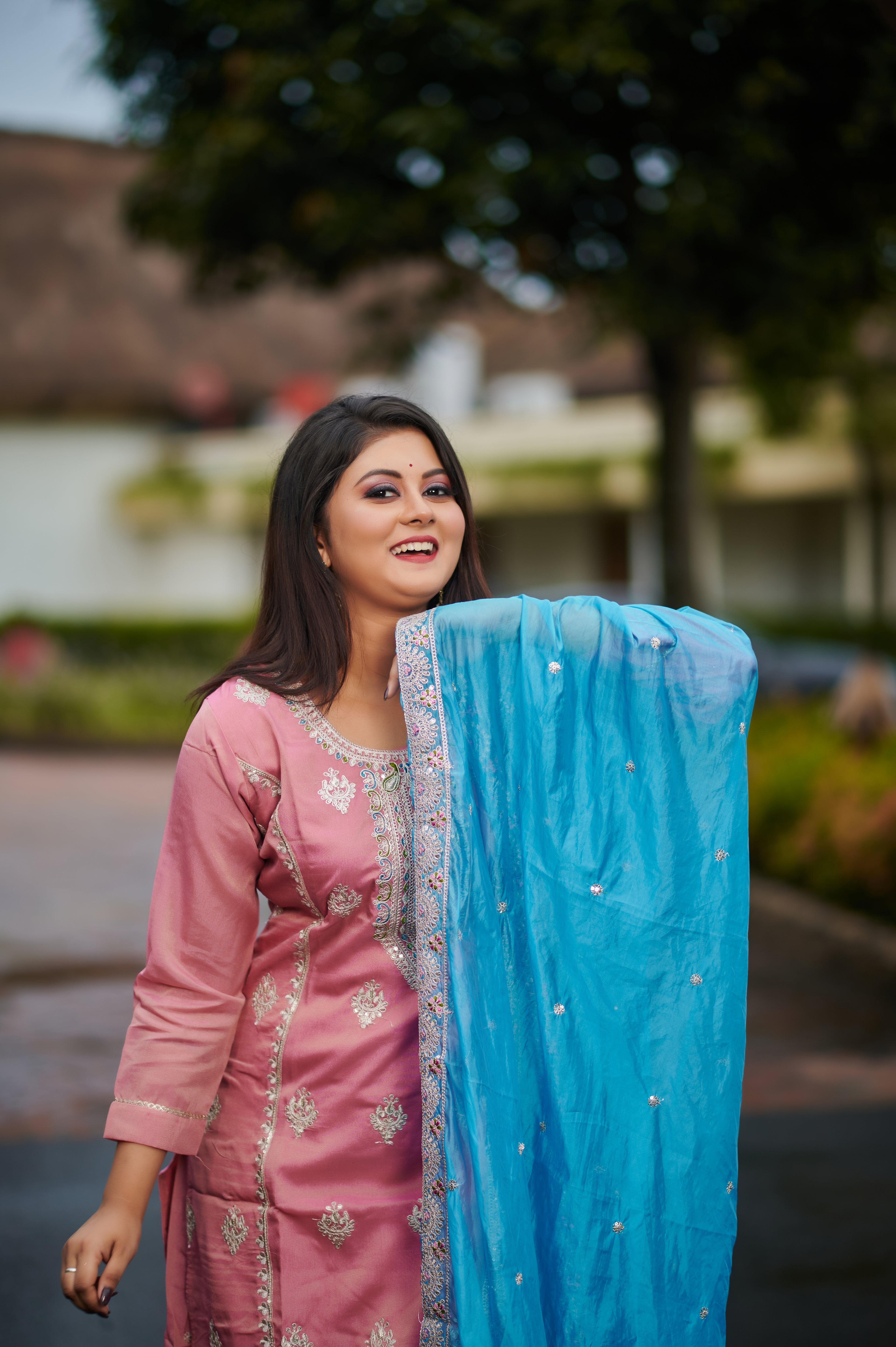 Blush Pink & Sky Blue Embroidered Kurta Set