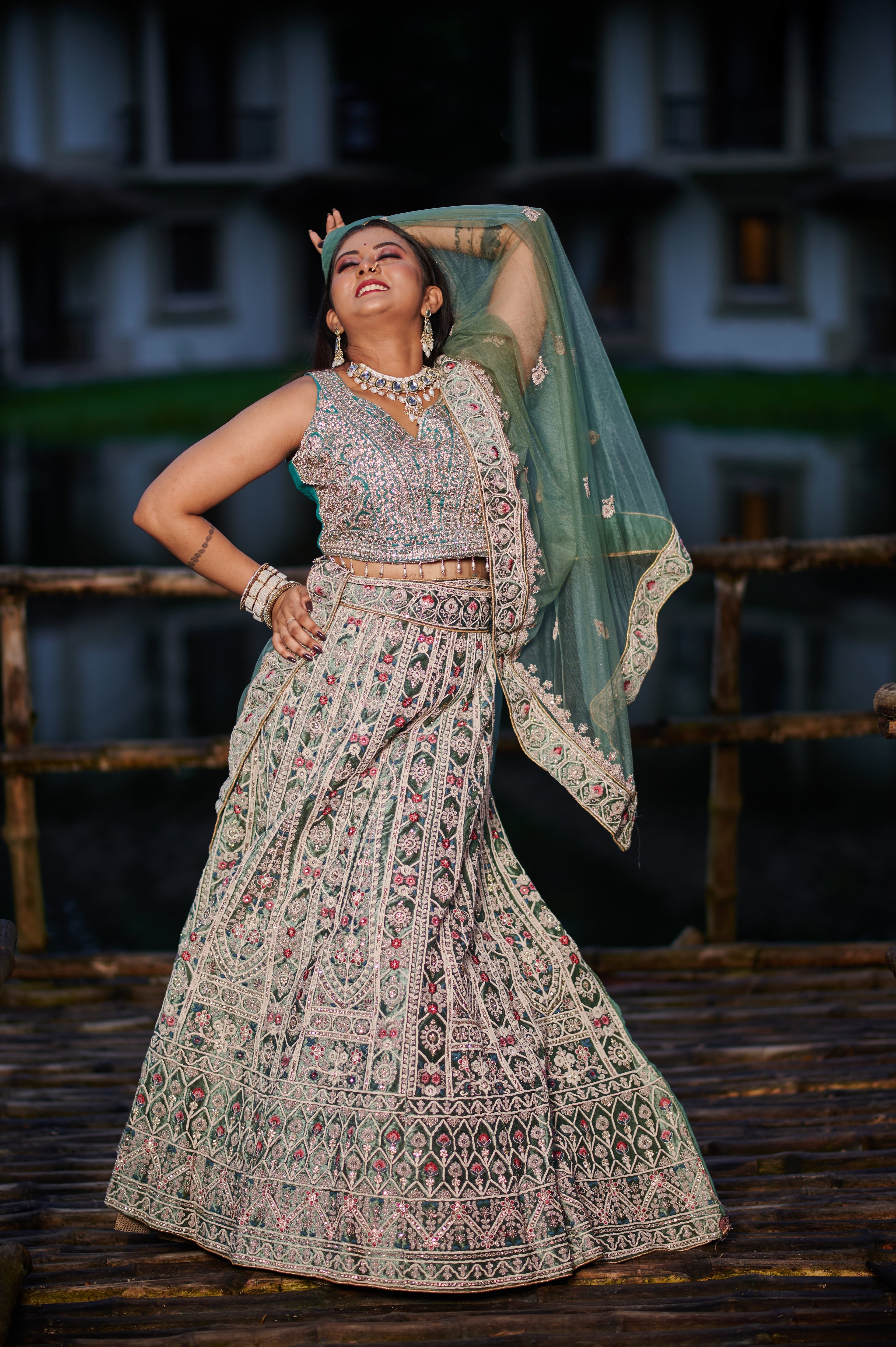 Regal Sage Green Velvet Embroidered Lehenga Set