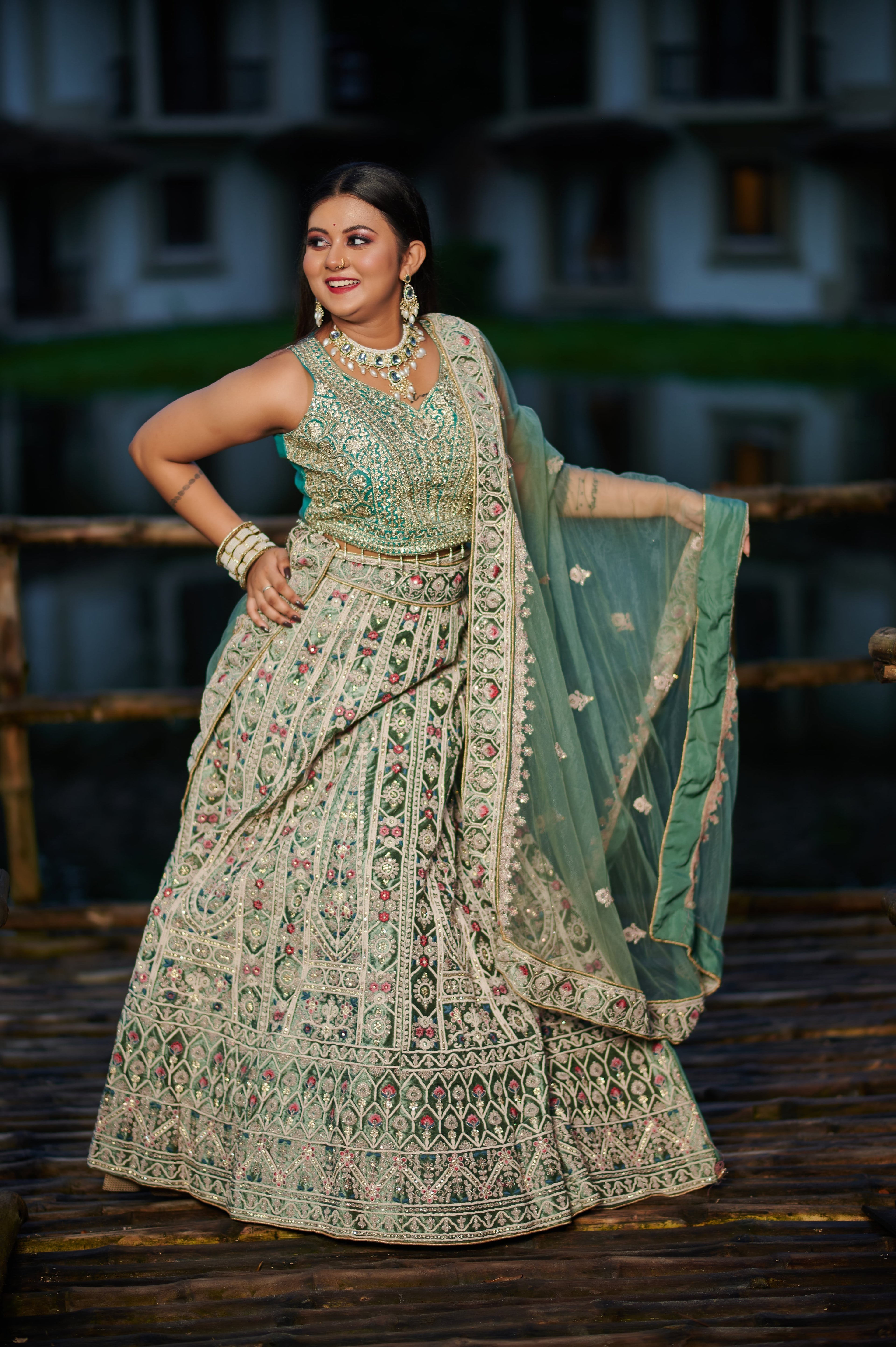 Regal Sage Green Velvet Embroidered Lehenga Set