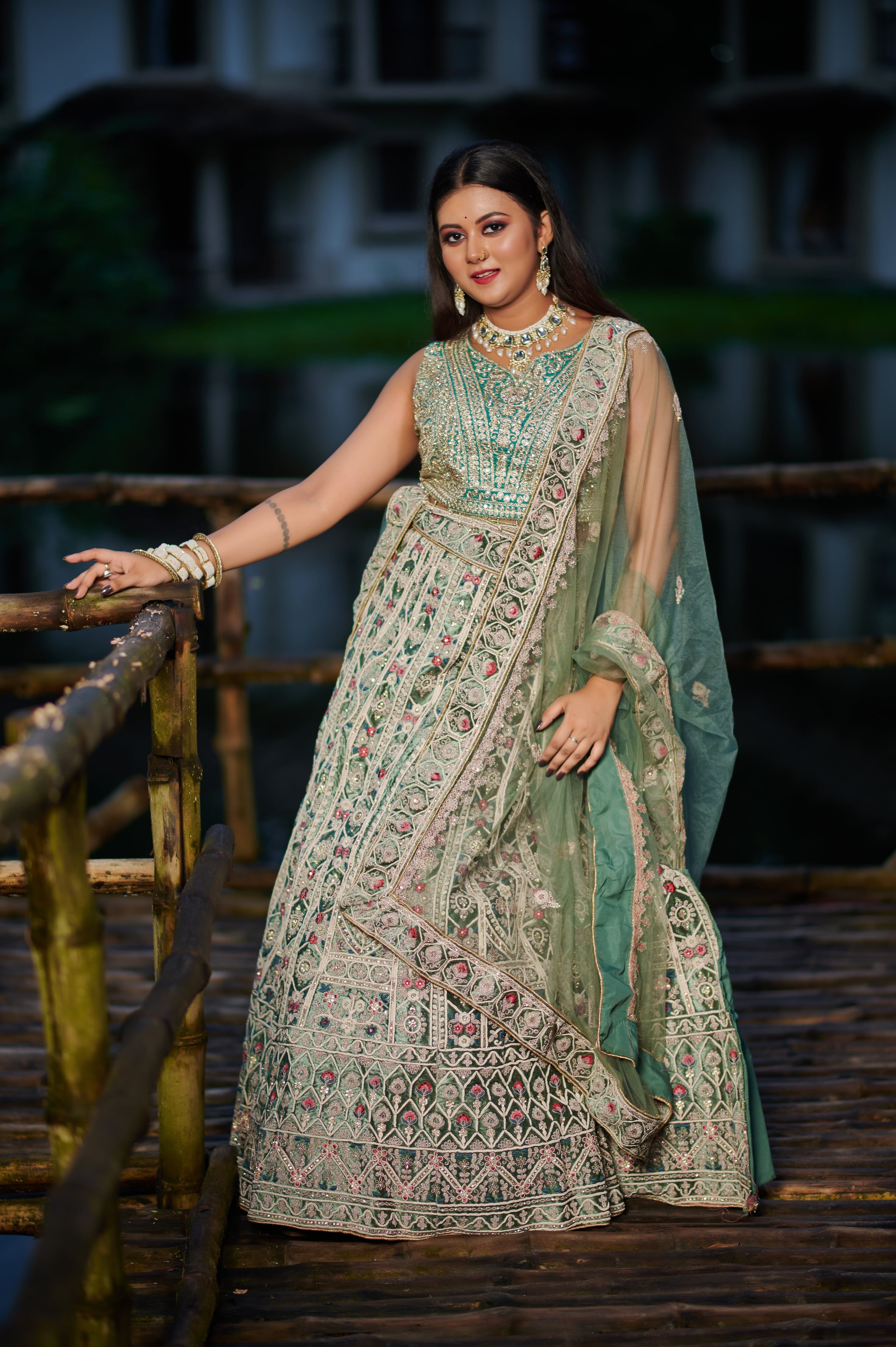 Regal Sage Green Velvet Embroidered Lehenga Set