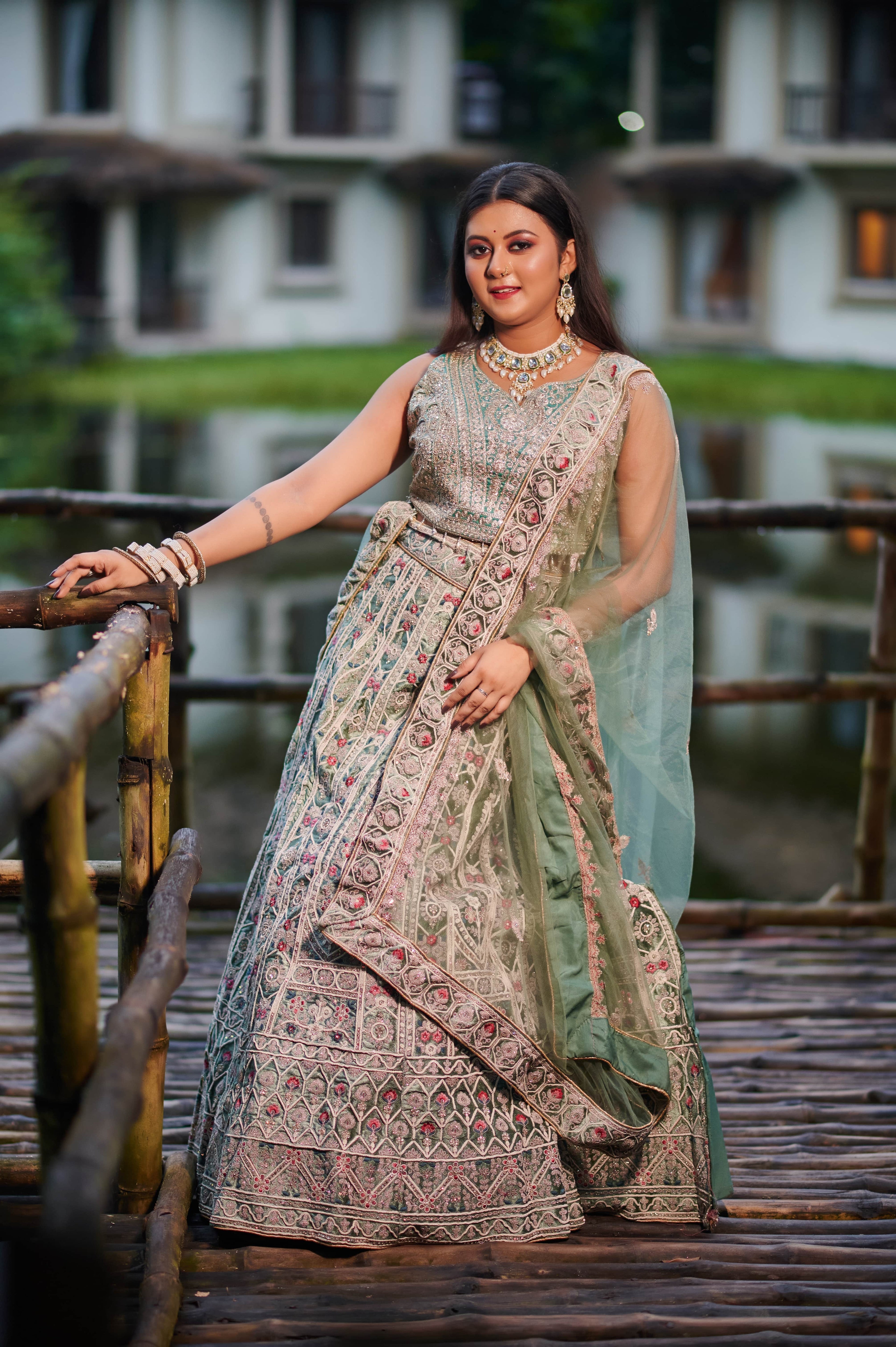 Regal Sage Green Velvet Embroidered Lehenga Set