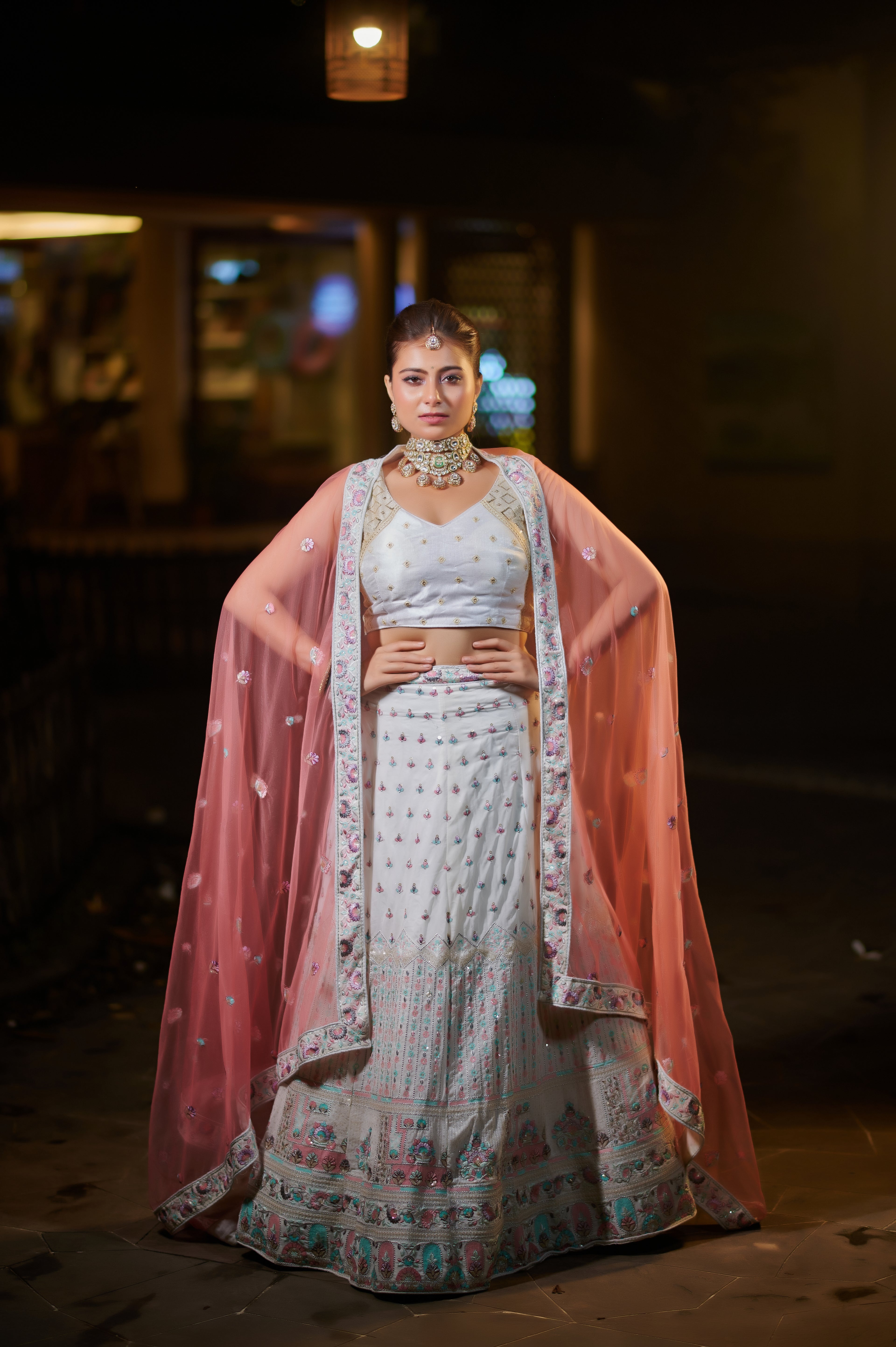 Ivory & Blush Pink Temple Border Embroidered Lehenga Set