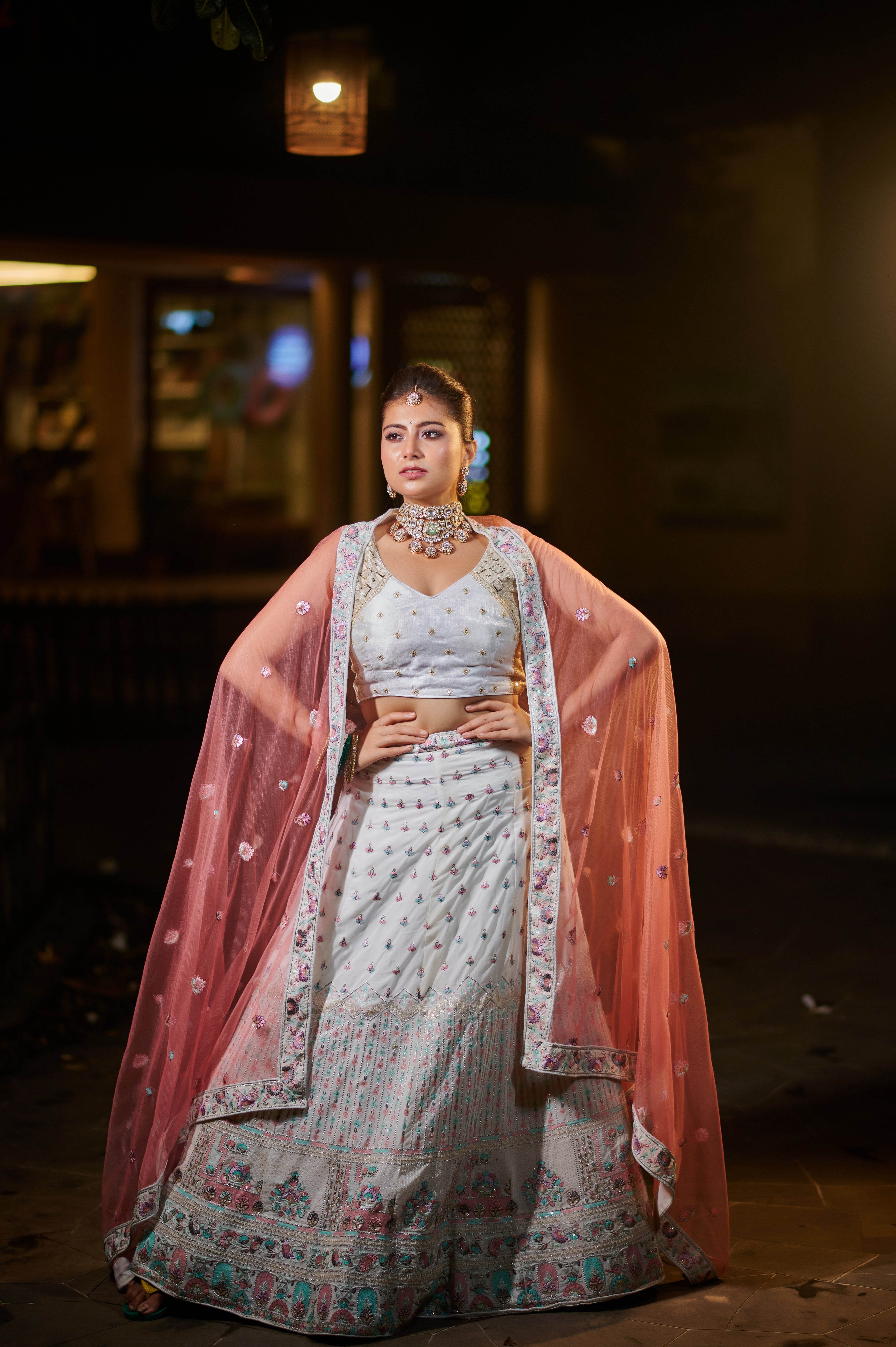 Ivory & Blush Pink Temple Border Embroidered Lehenga Set