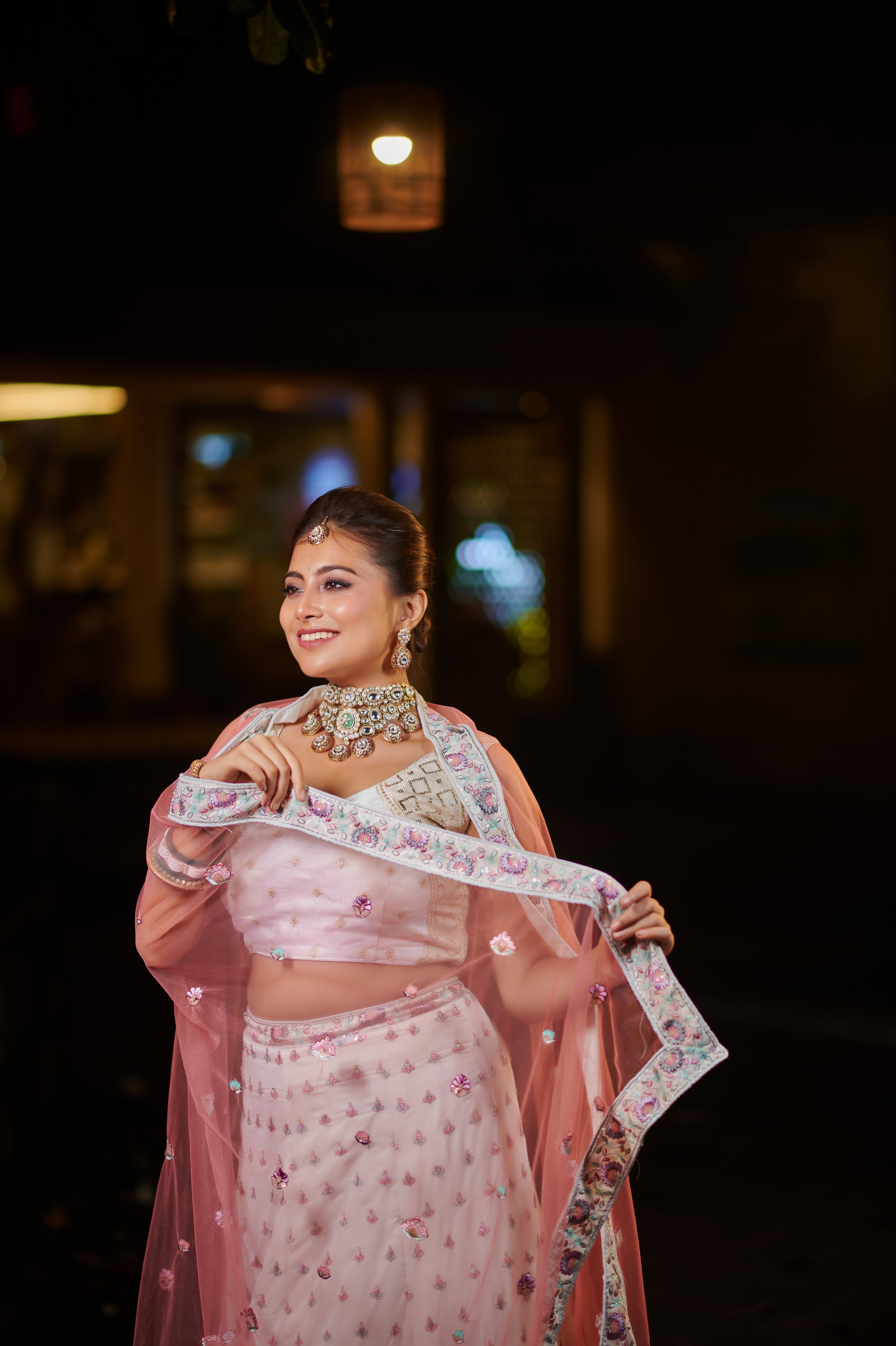 Ivory & Blush Pink Temple Border Embroidered Lehenga Set