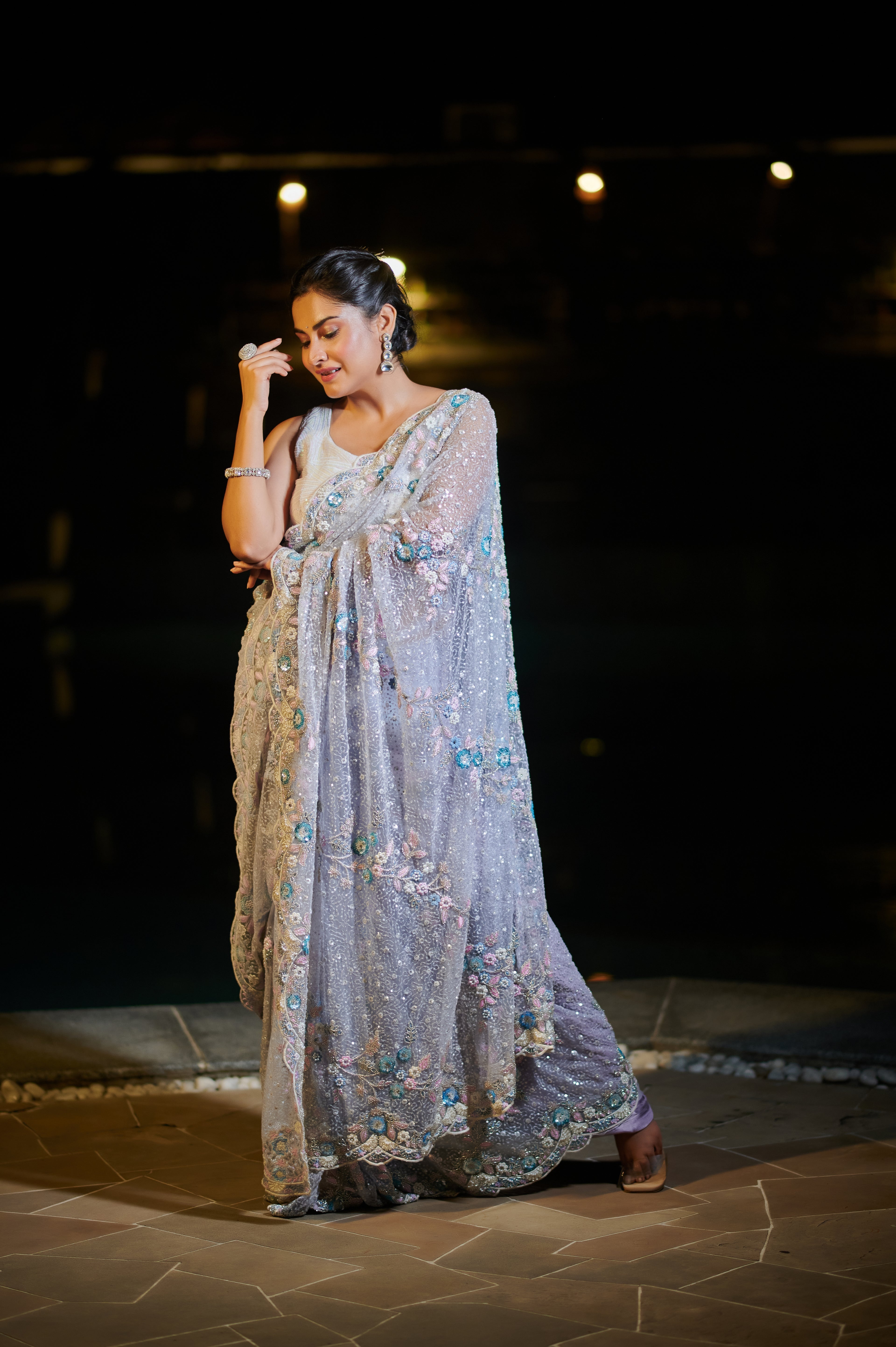 Celestial Bloom Hand-Embroidered Designer Saree
