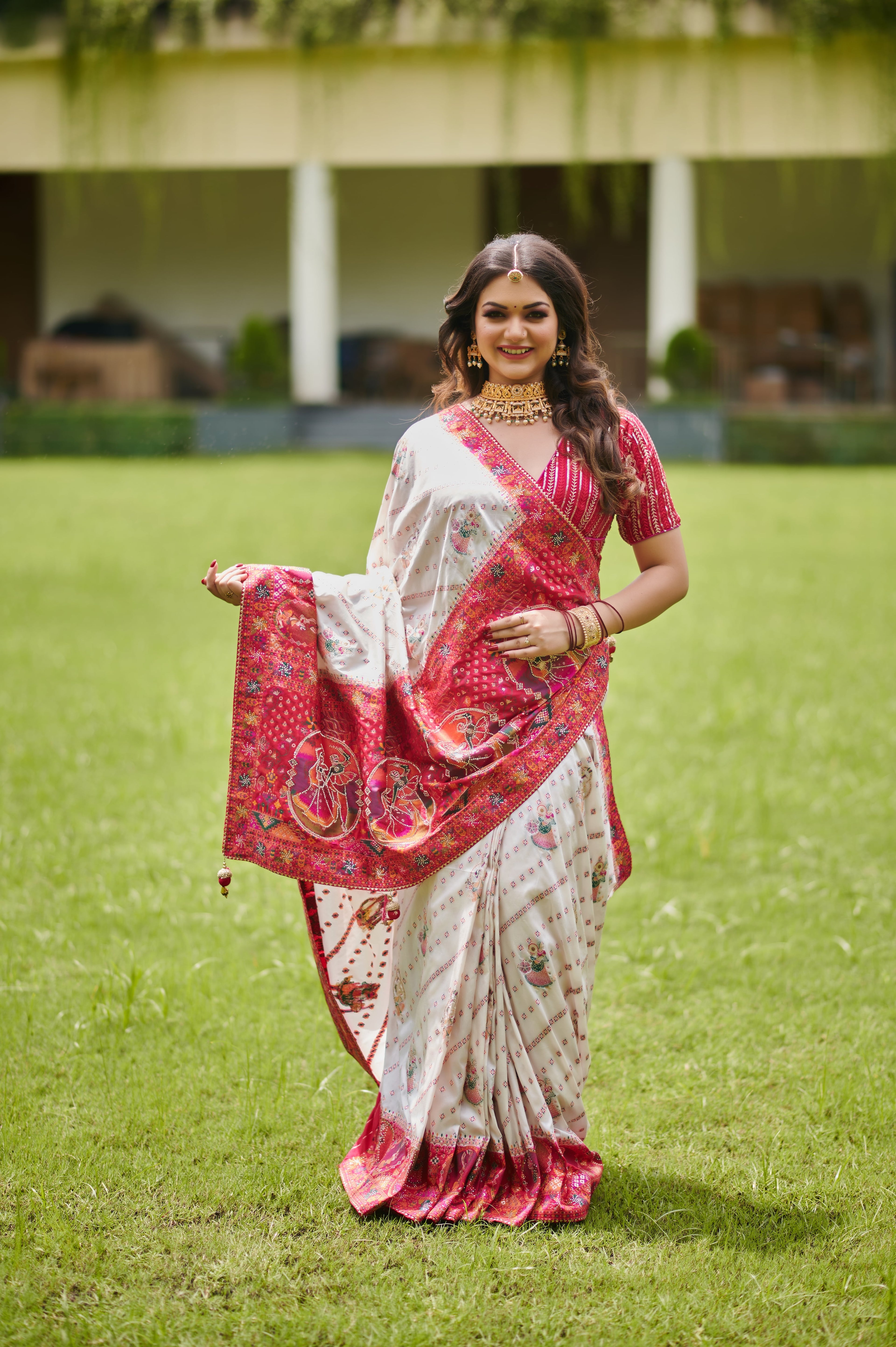 Ras Leela - Soft Silk Saree in white & Rani Pink