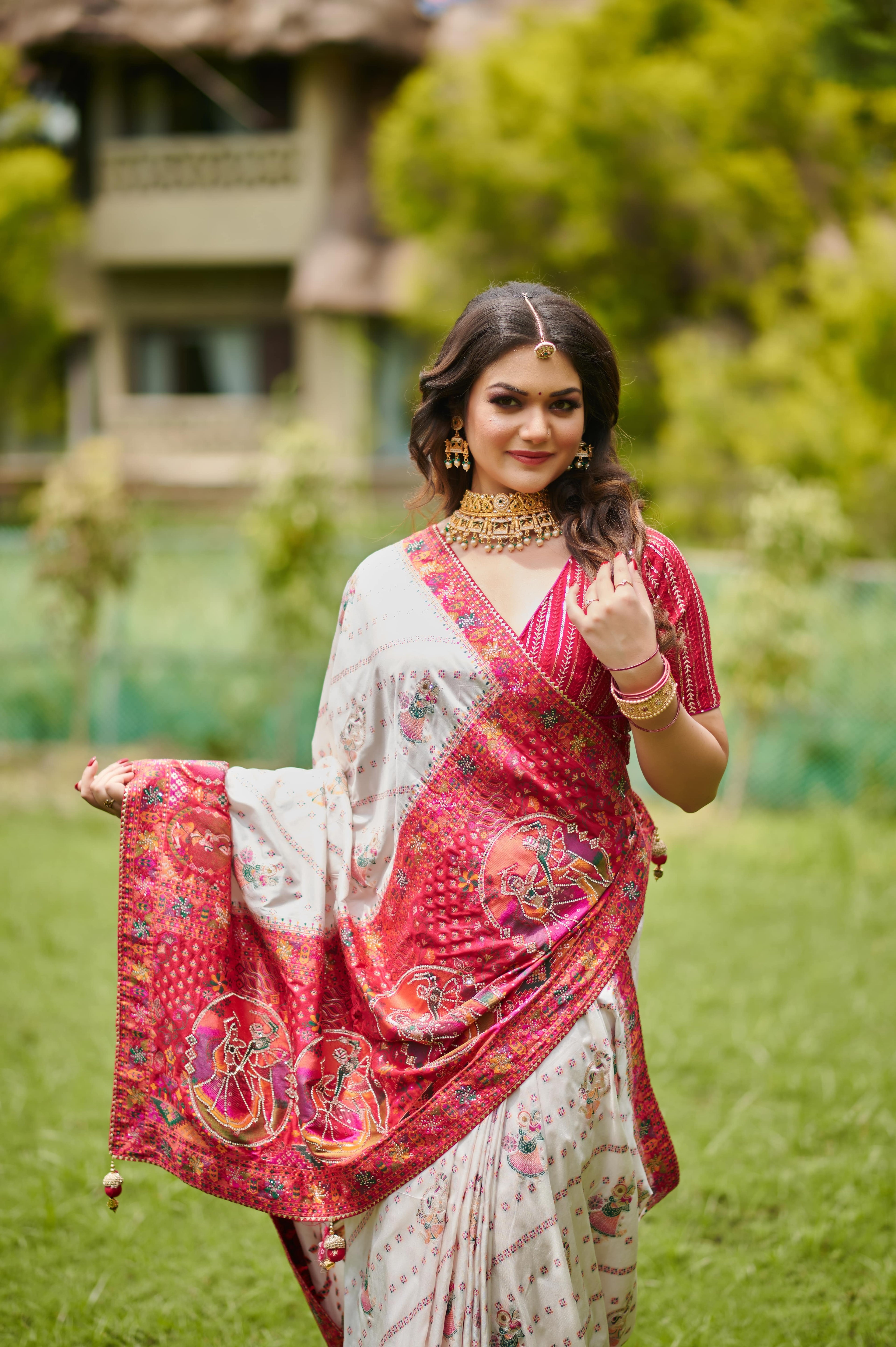Ras Leela - Soft Silk Saree in white & Rani Pink