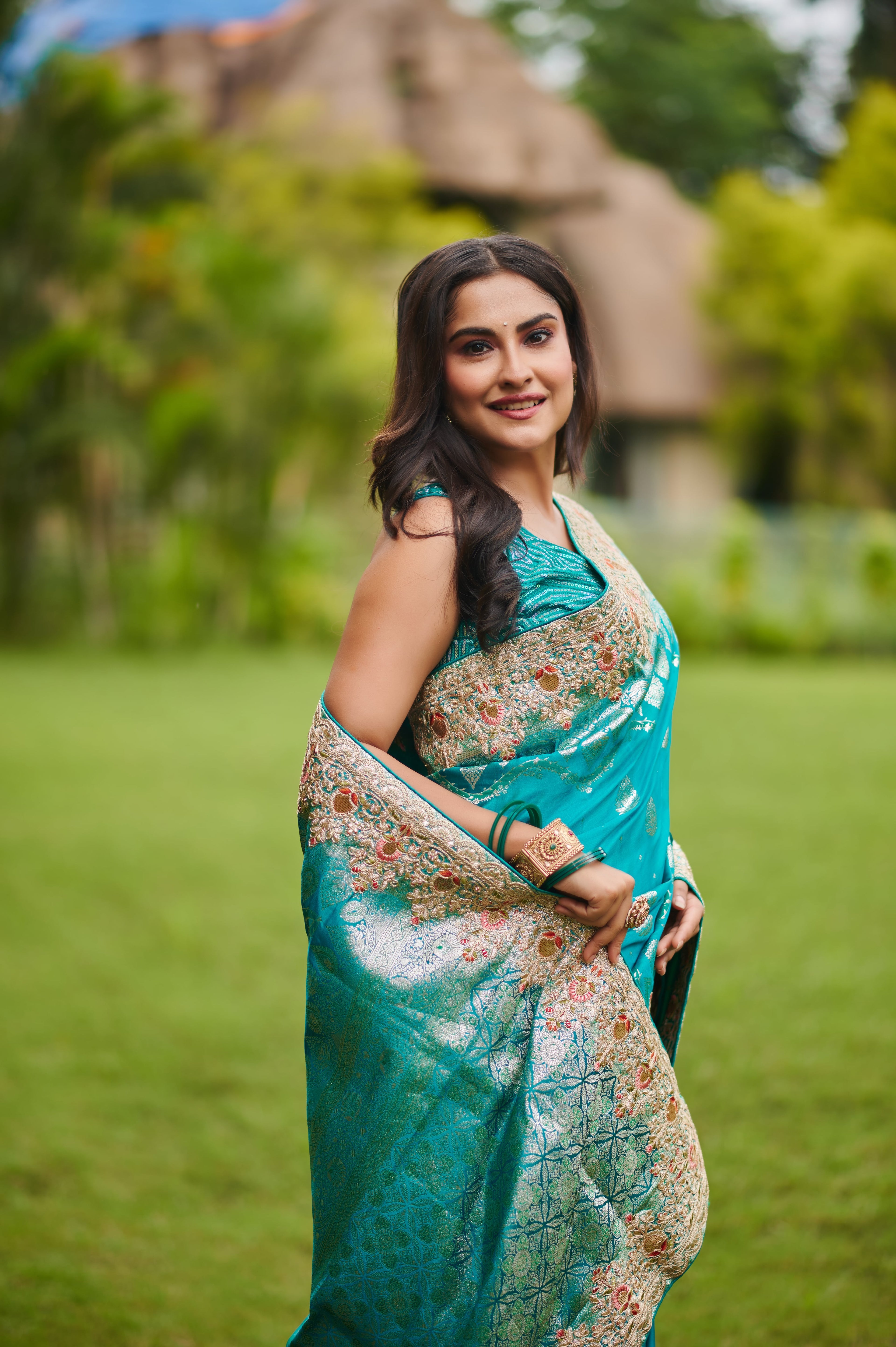Teal Blue Pure Banarasi Silk Saree with Intricate Zari and Gota Patti Embroidery
