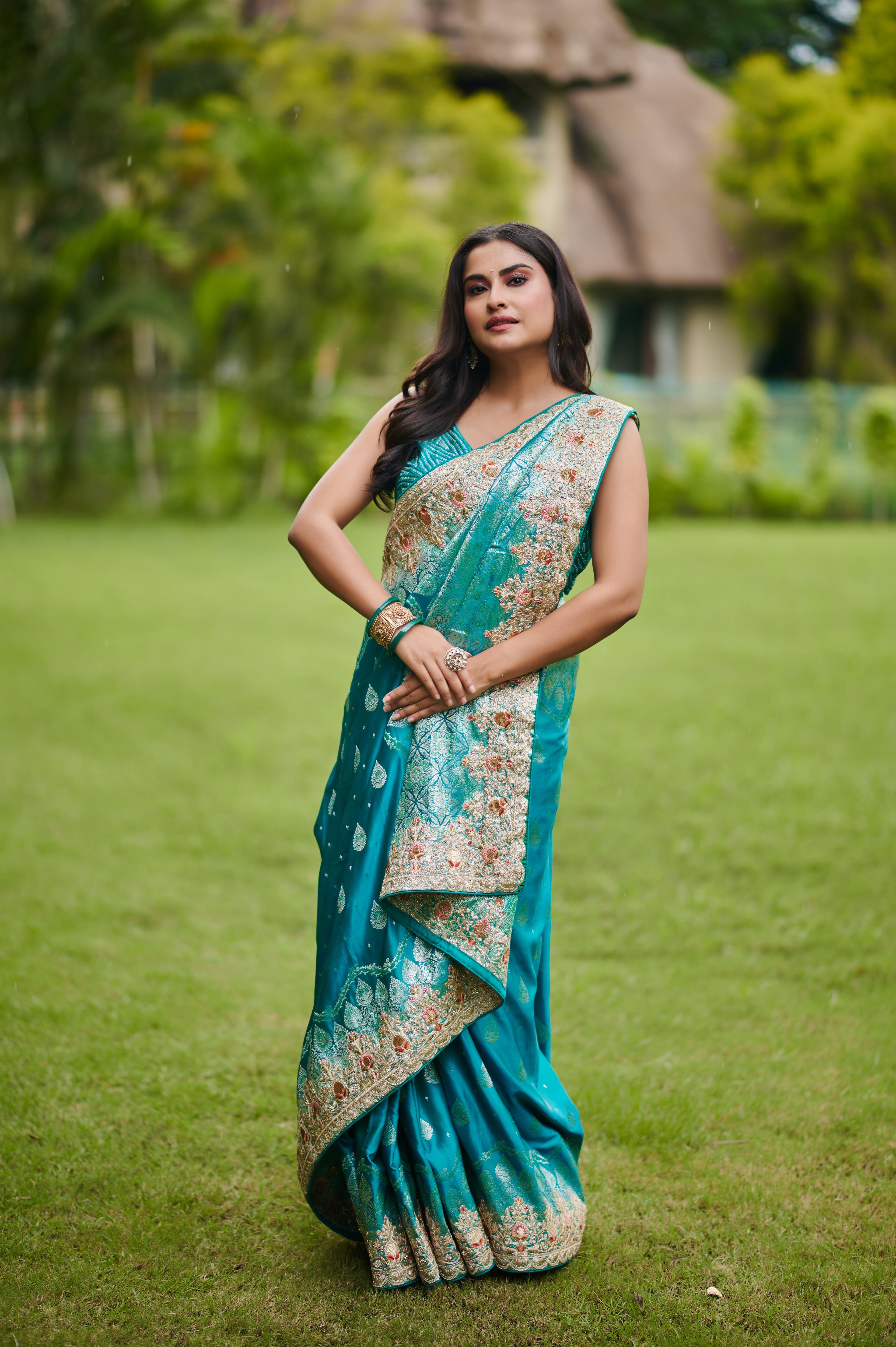 Teal Blue Pure Banarasi Silk Saree with Intricate Zari and Gota Patti Embroidery