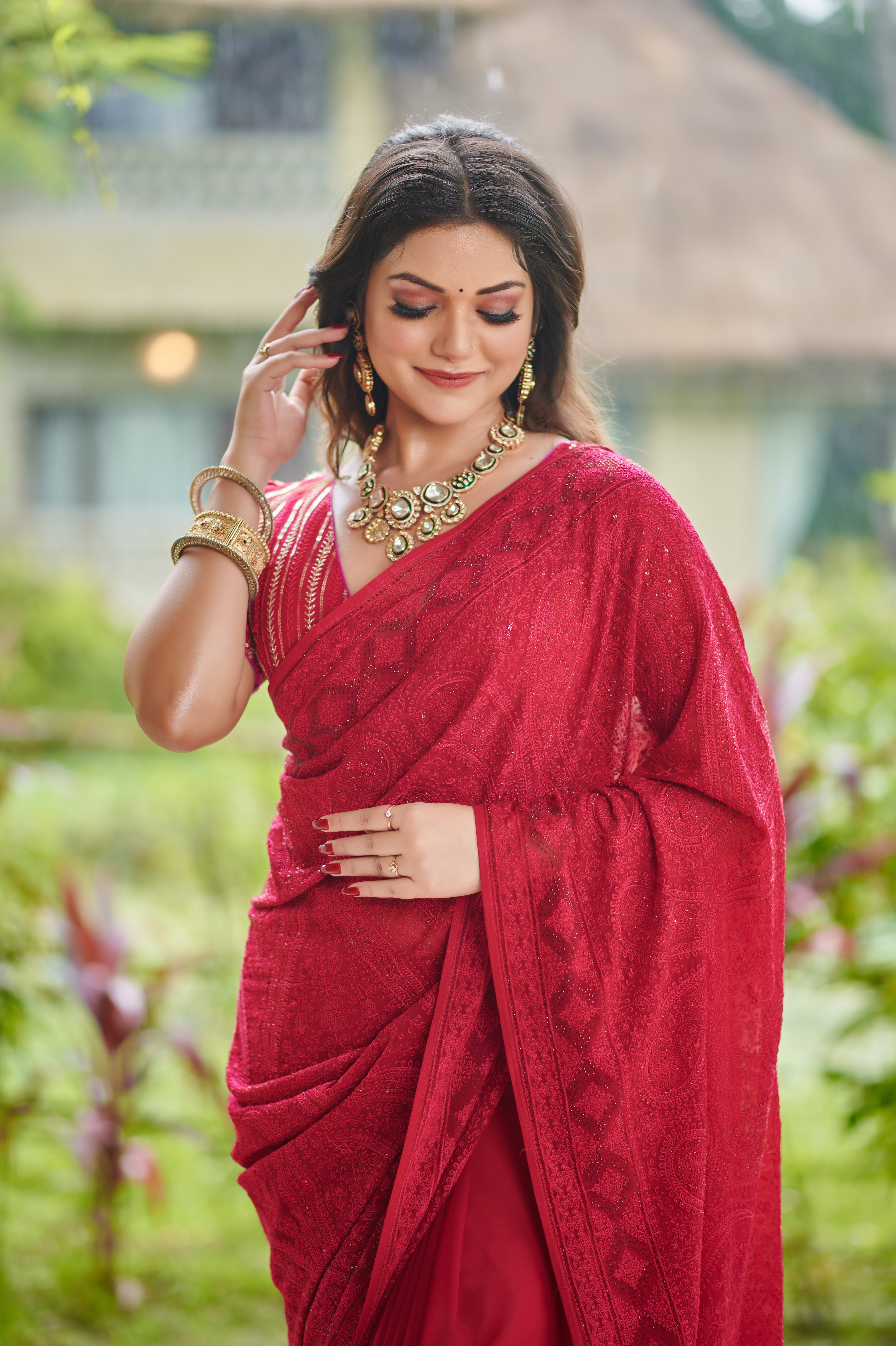 Crimson Elegance – Heavy Work Georgette Party wear Saree