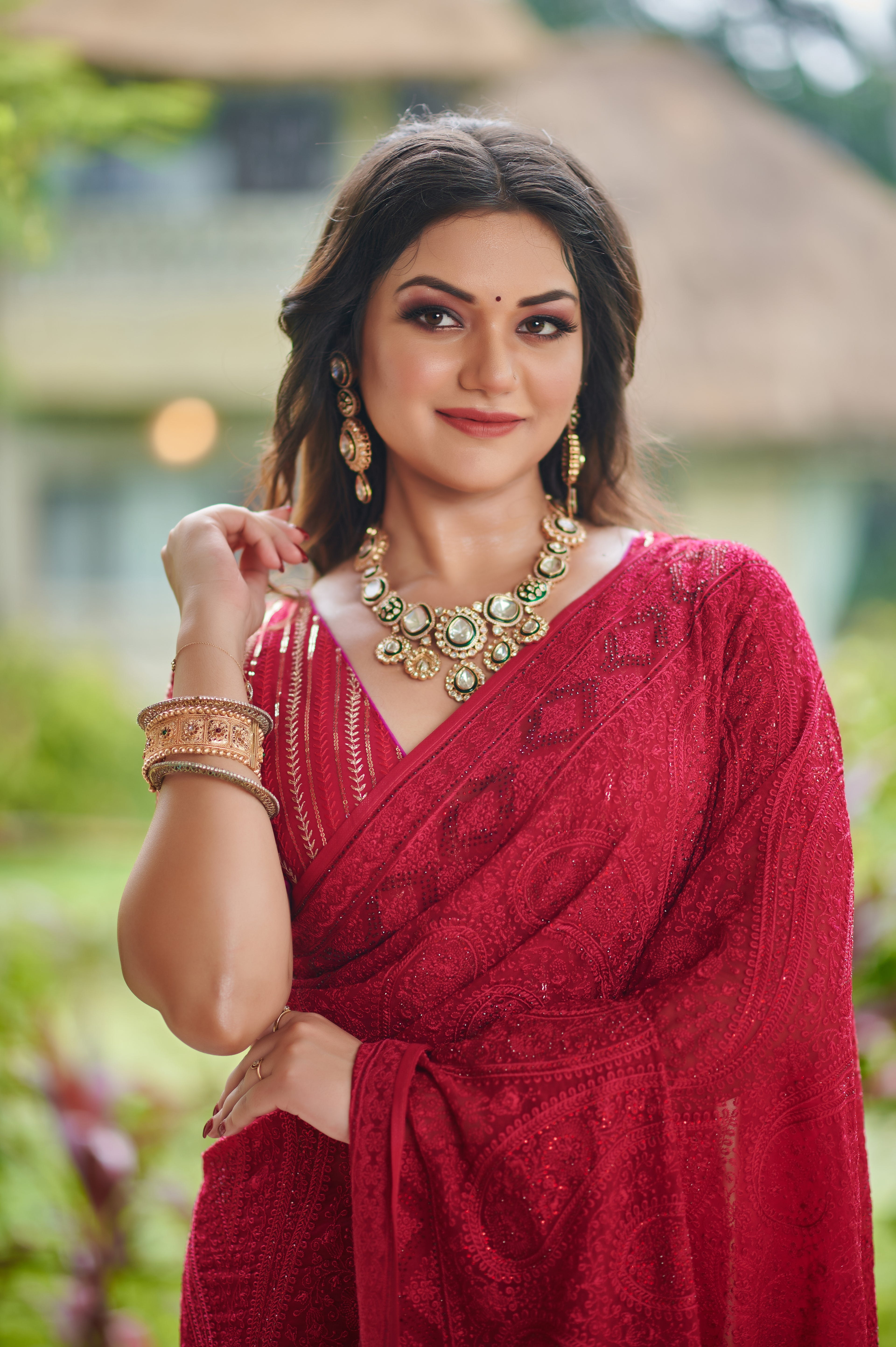 Crimson Elegance – Heavy Work Georgette Party wear Saree