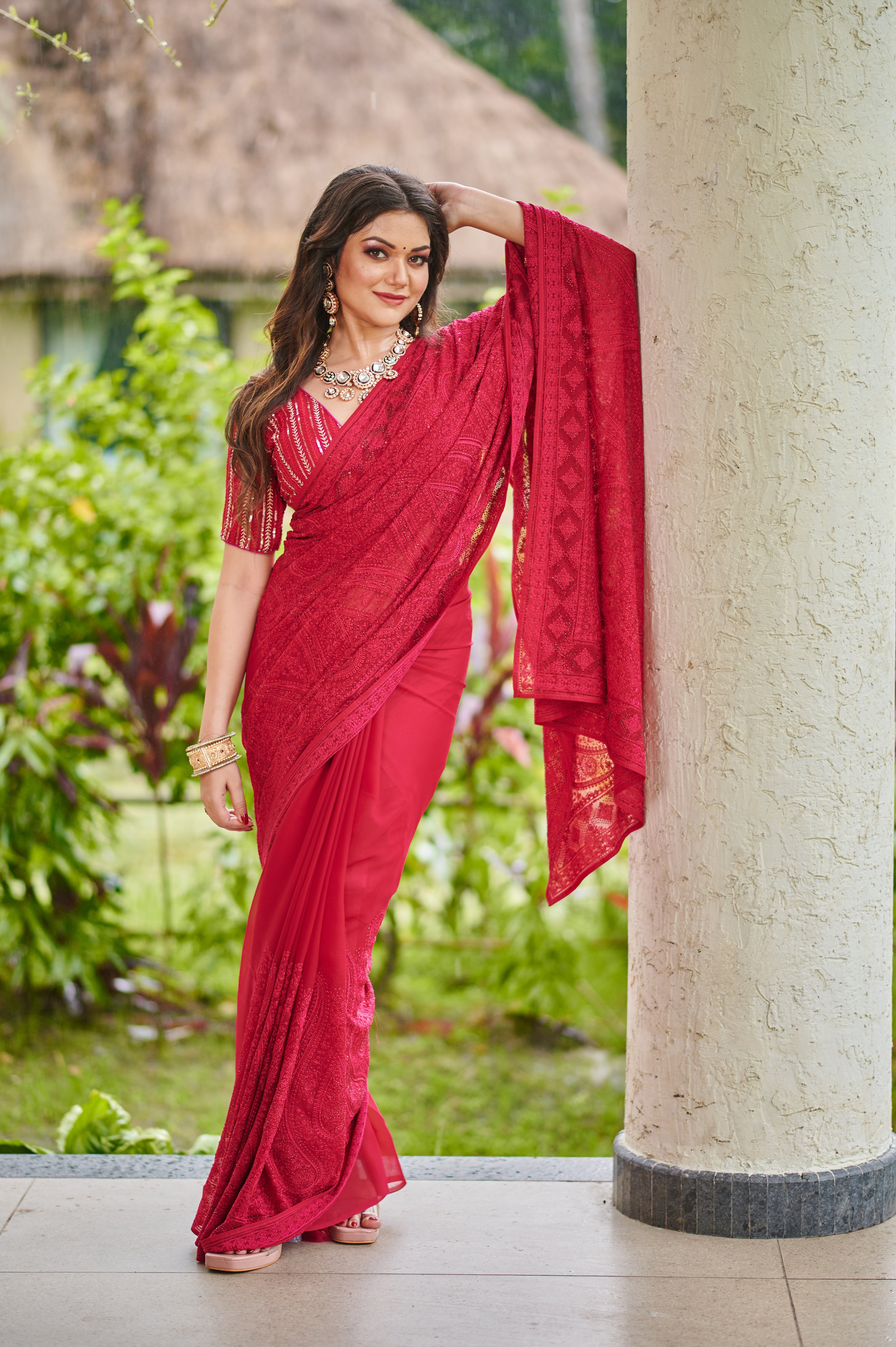Crimson Elegance – Heavy Work Georgette Party wear Saree