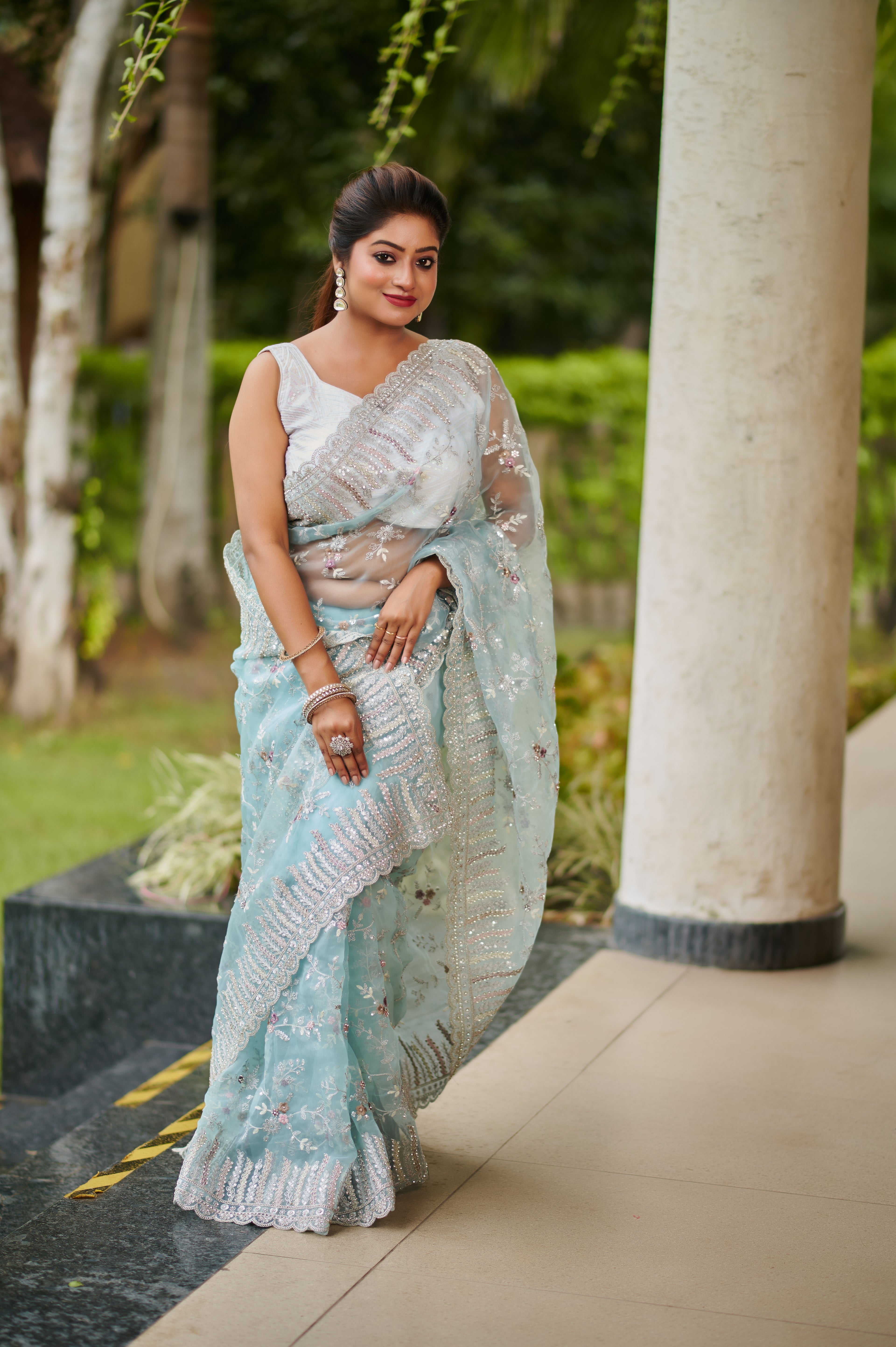 Icy Blue Net Saree with Silver Sequin & Floral Embroidery