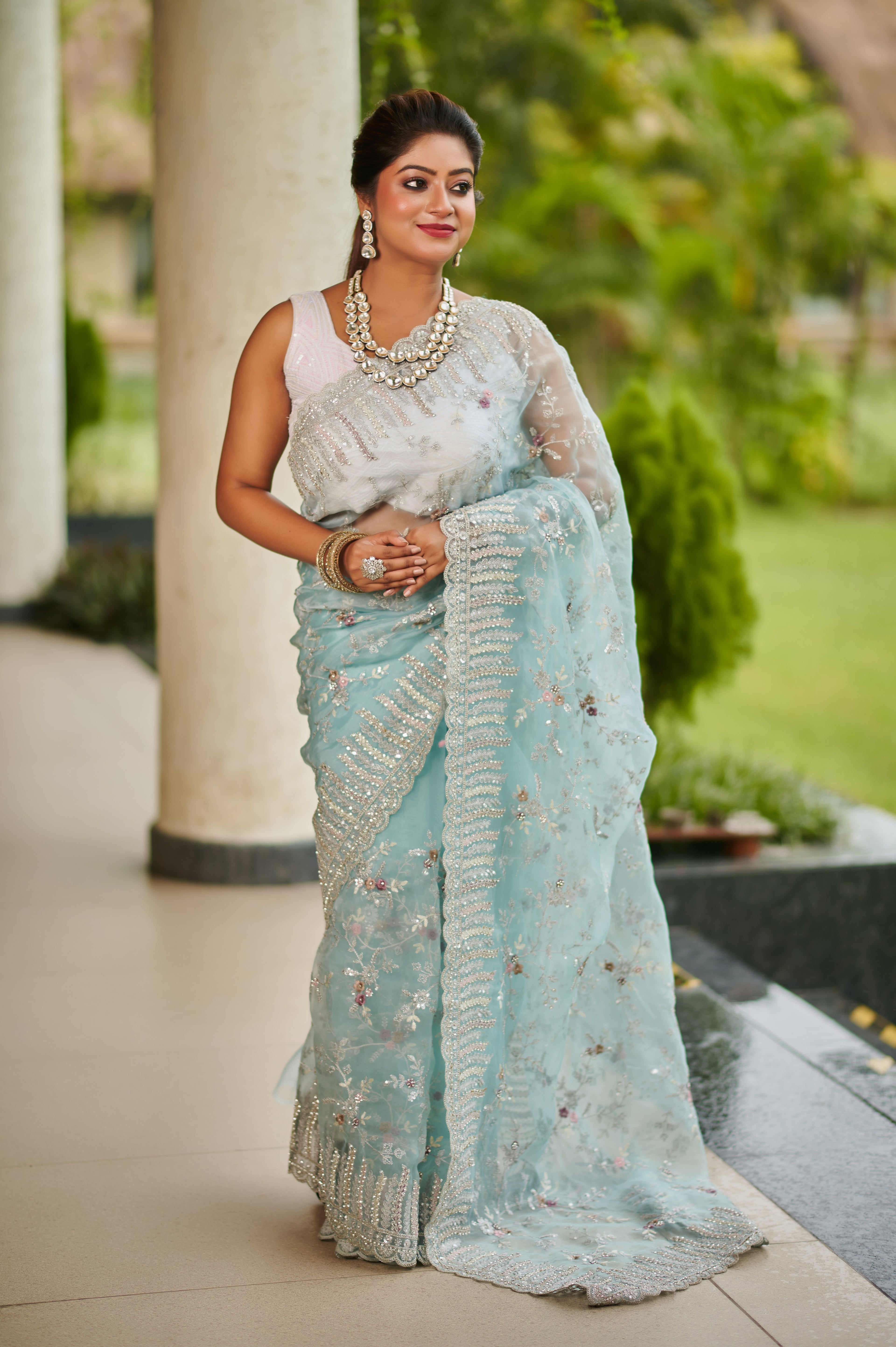 Icy Blue Net Saree with Silver Sequin & Floral Embroidery