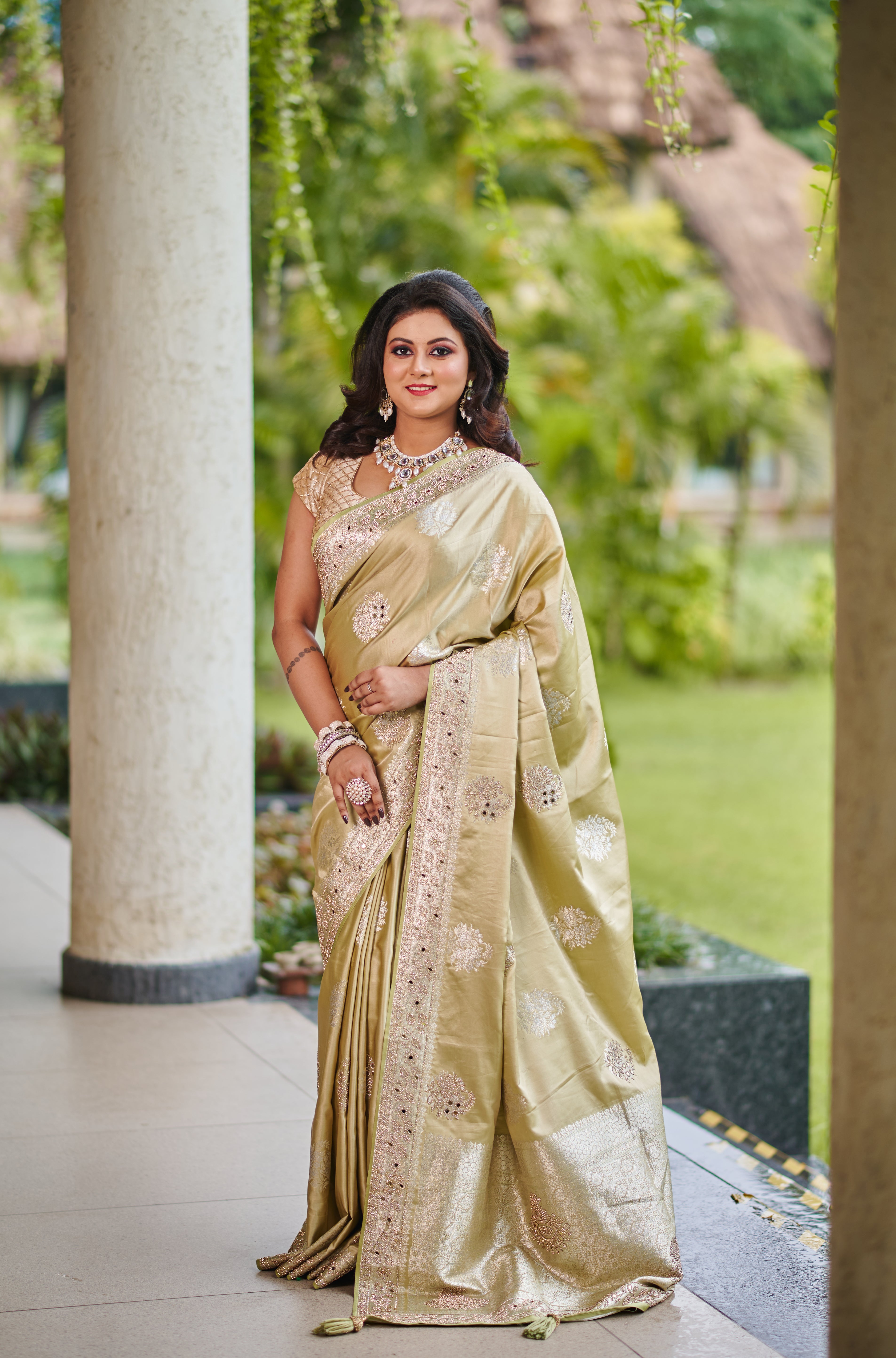 Champagne Green Gold Silk Saree with Intricate Thread, mirror and Stone Embroidery