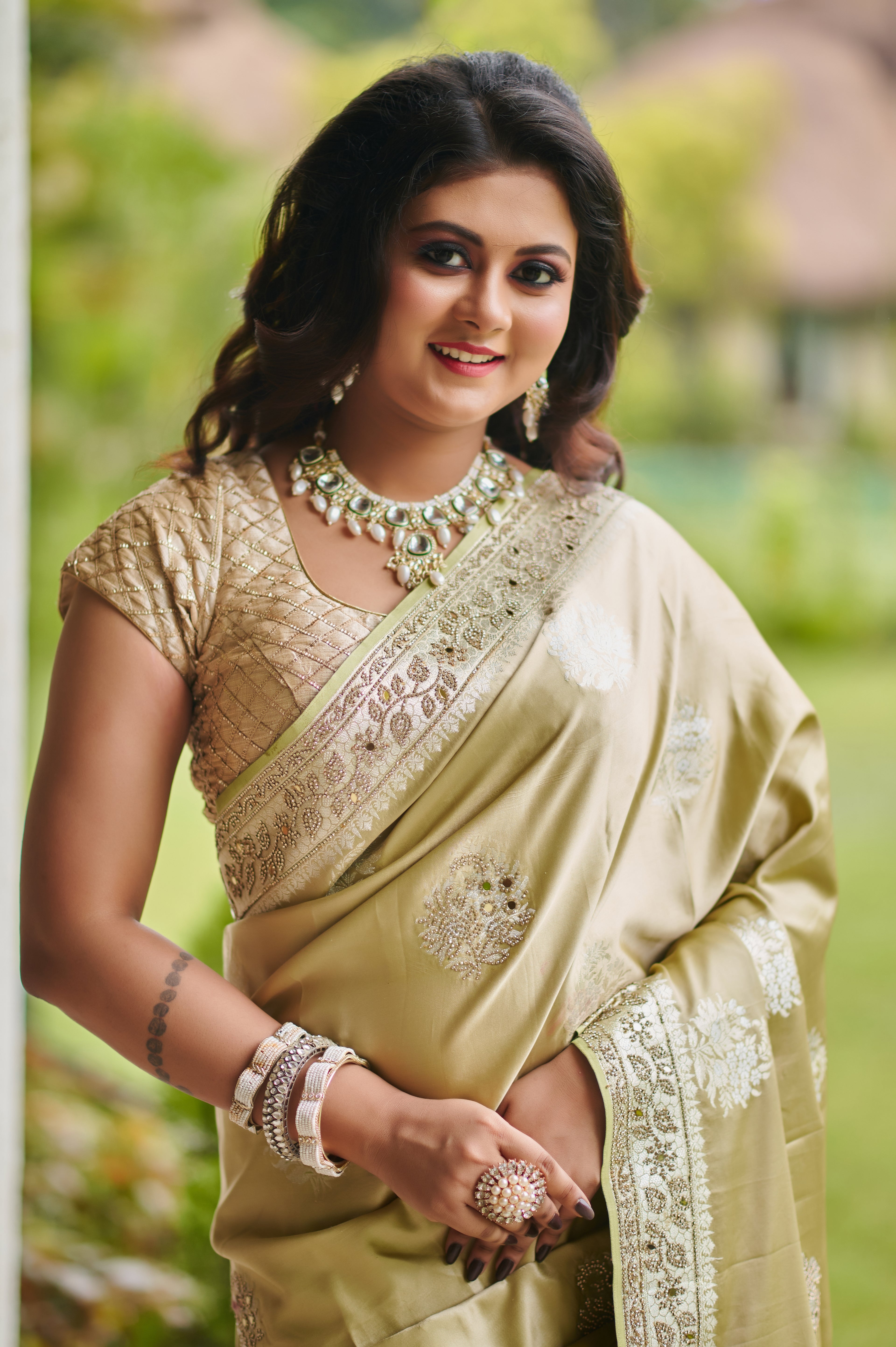 Champagne Green Gold Silk Saree with Intricate Thread, mirror and Stone Embroidery