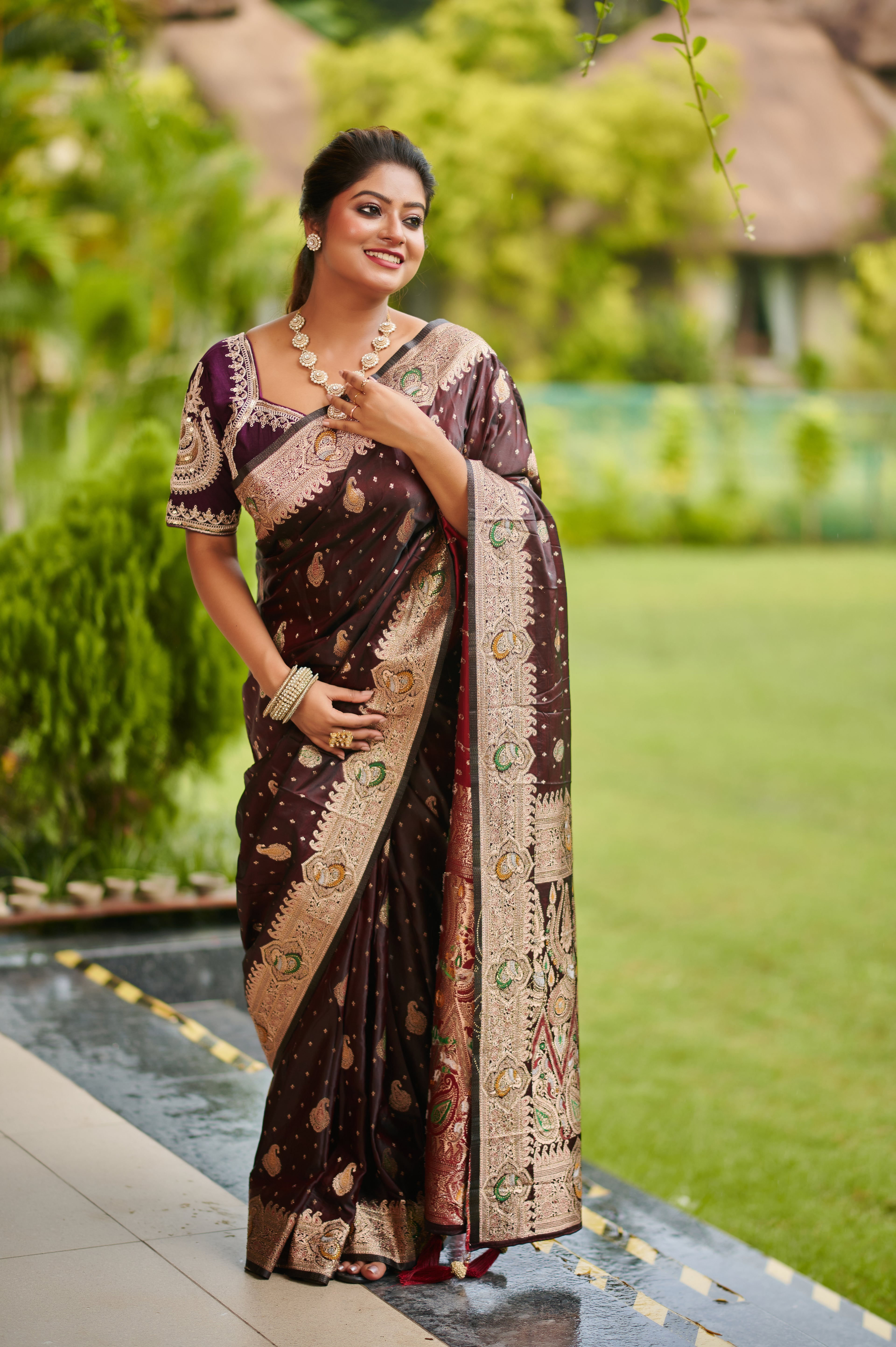 Coffee Brown Pure Silk Saree with Rich Zari & Paisley Embroidery (Dual shade)