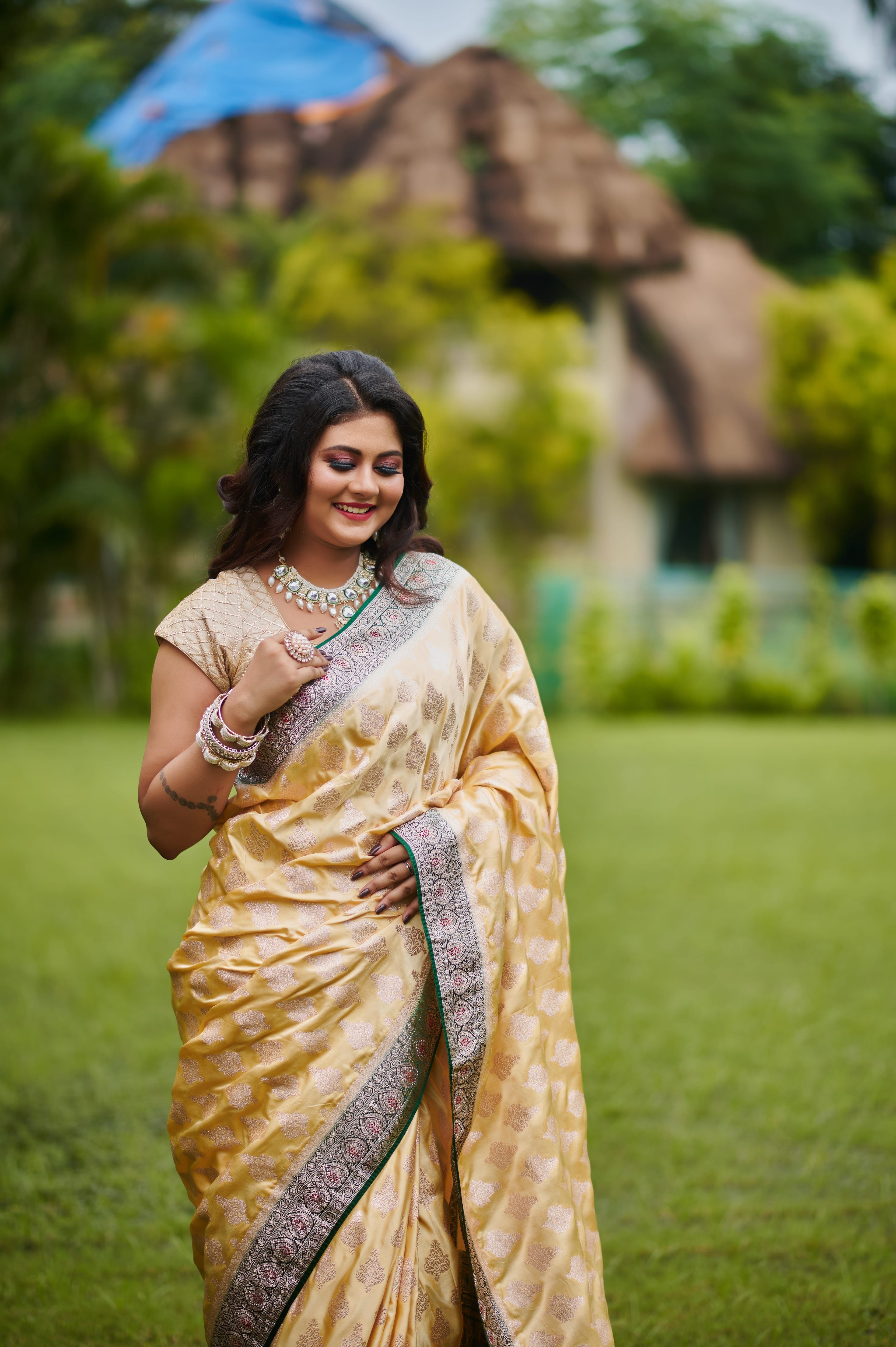 Golden Silk Pure Banarasi Saree with Green Zari Border