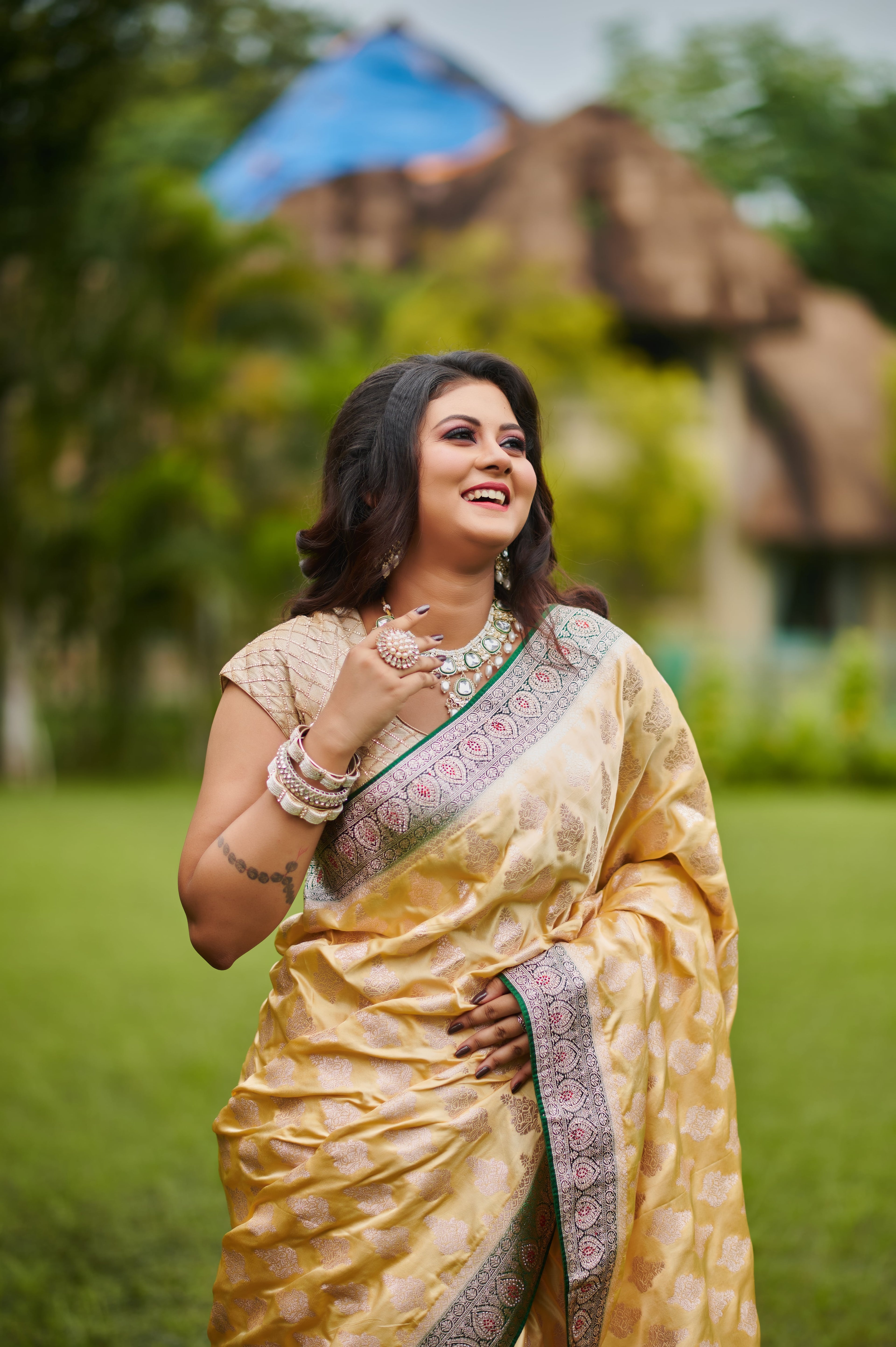 Golden Silk Pure Banarasi Saree with Green Zari Border