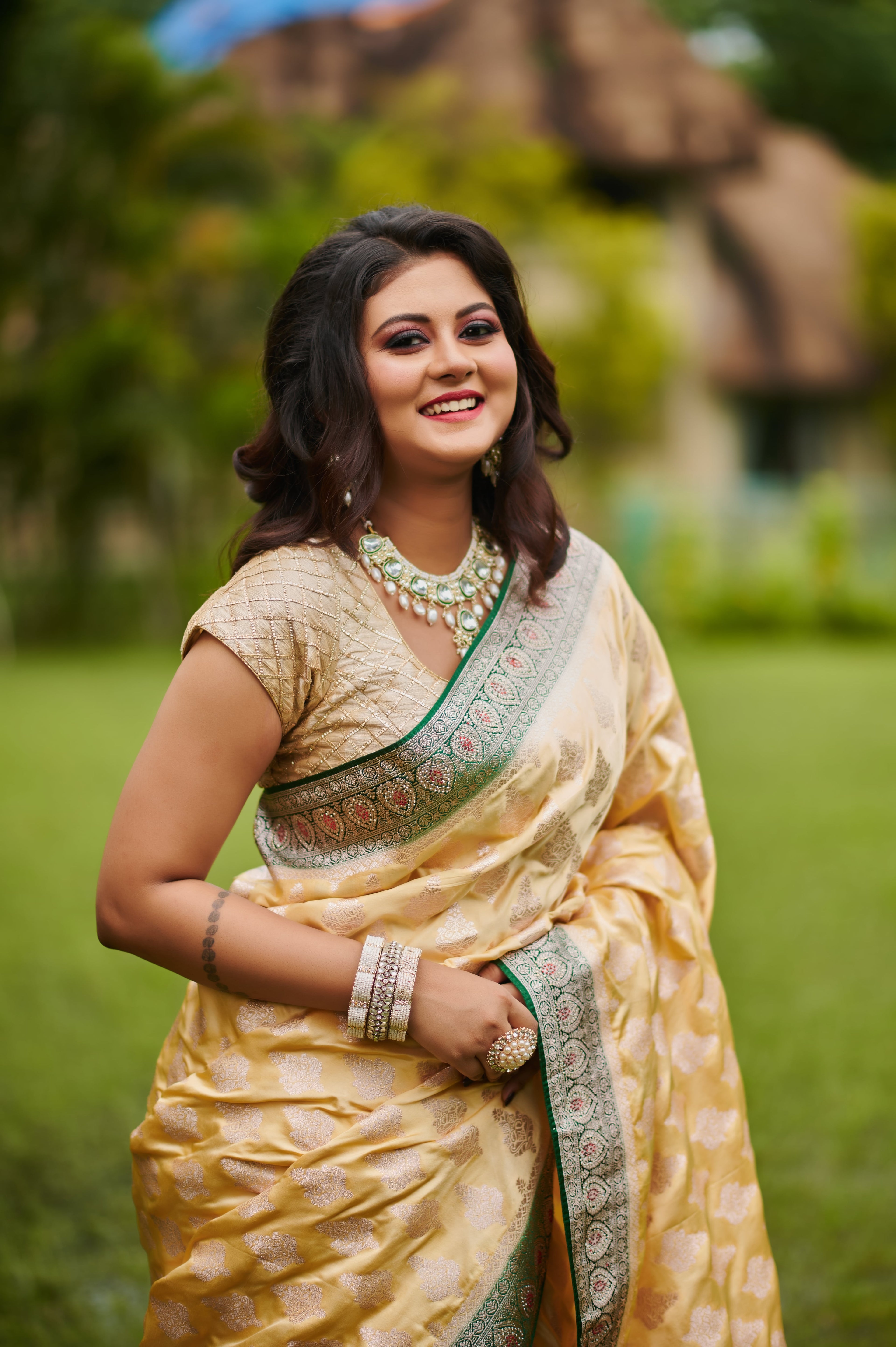 Golden Silk Pure Banarasi Saree with Green Zari Border