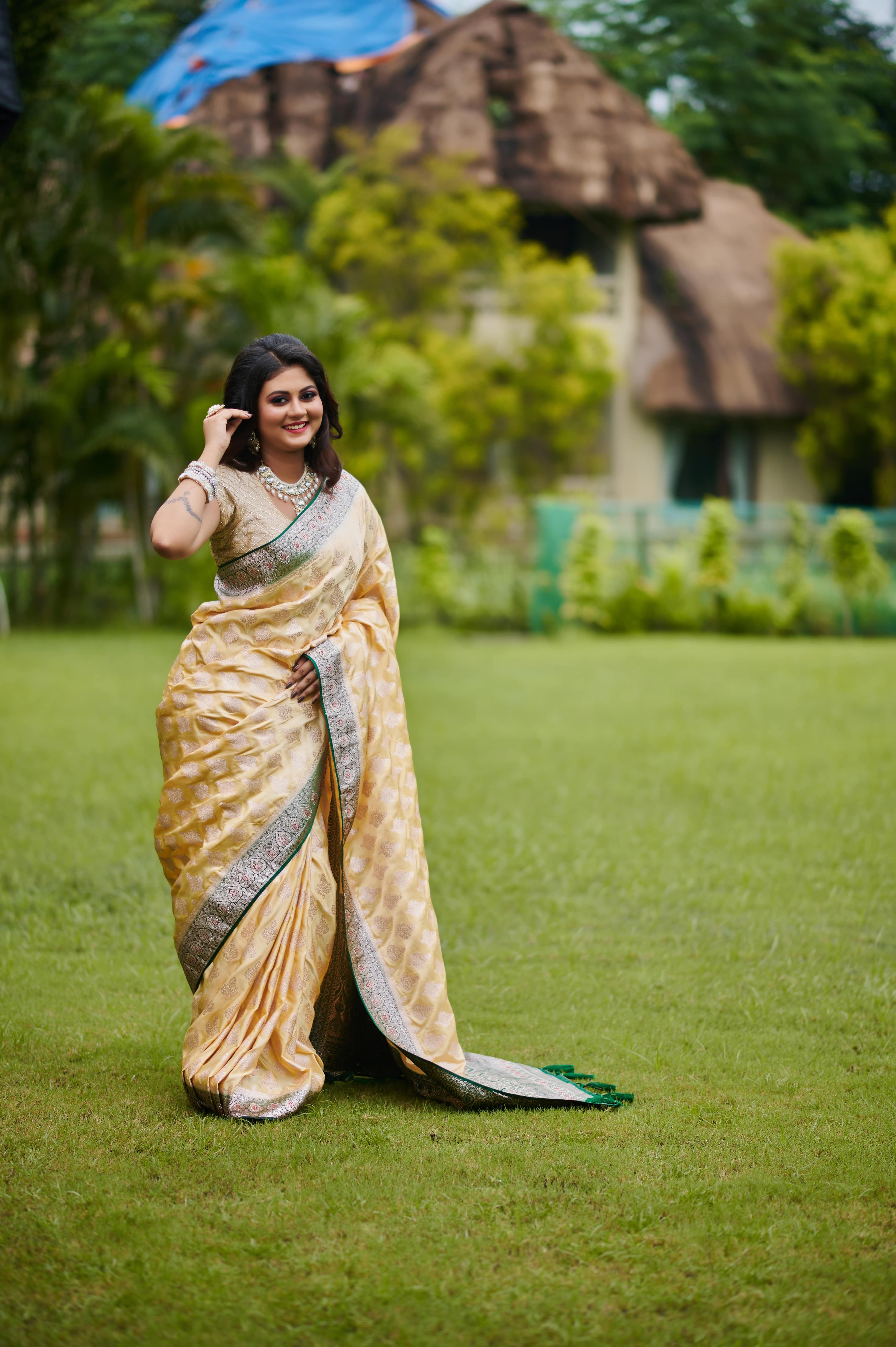 Golden Silk Pure Banarasi Saree with Green Zari Border