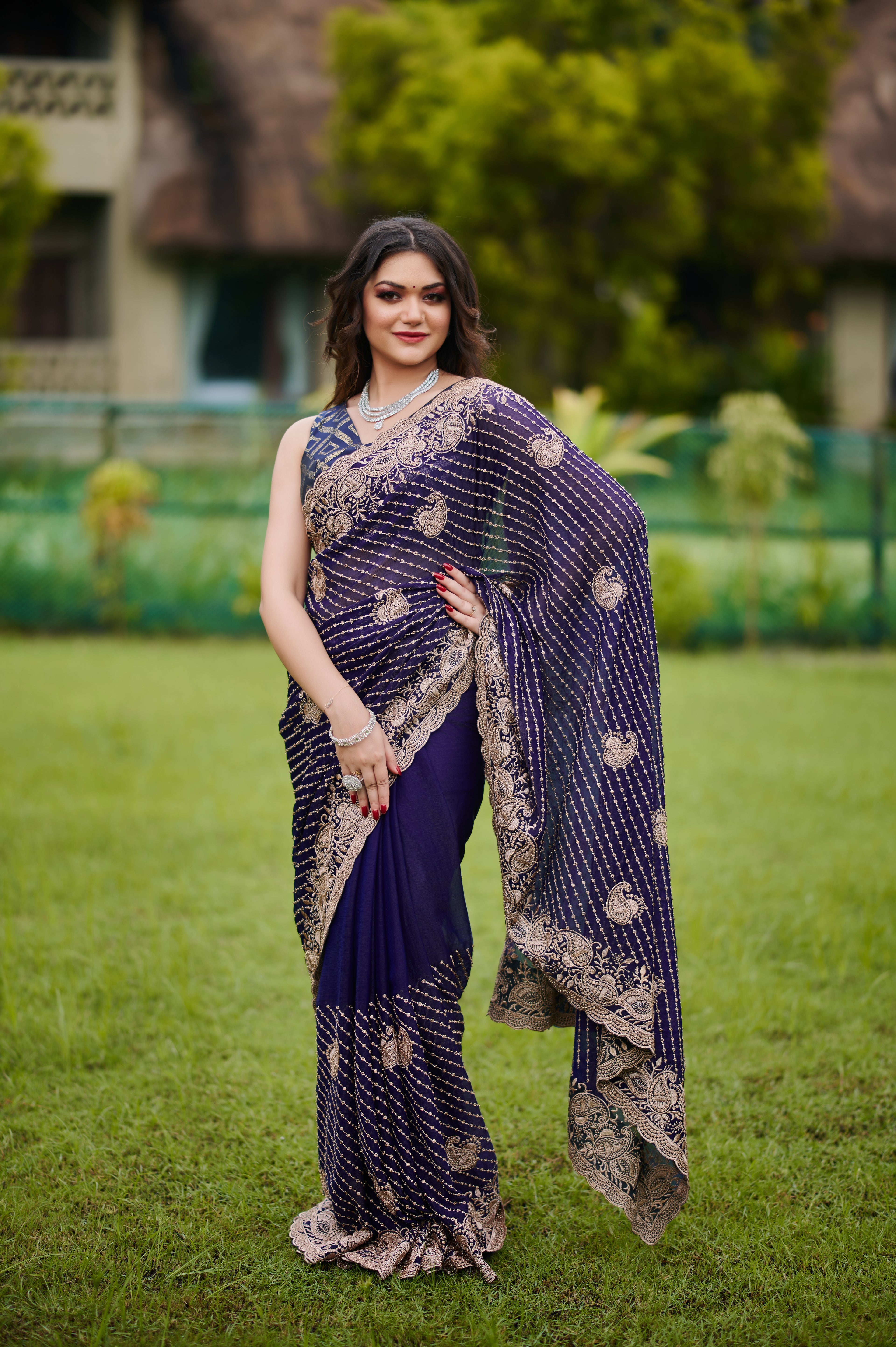 Regal Purple Bollywood chiffon Drape Saree with Antique Zari Embroidery