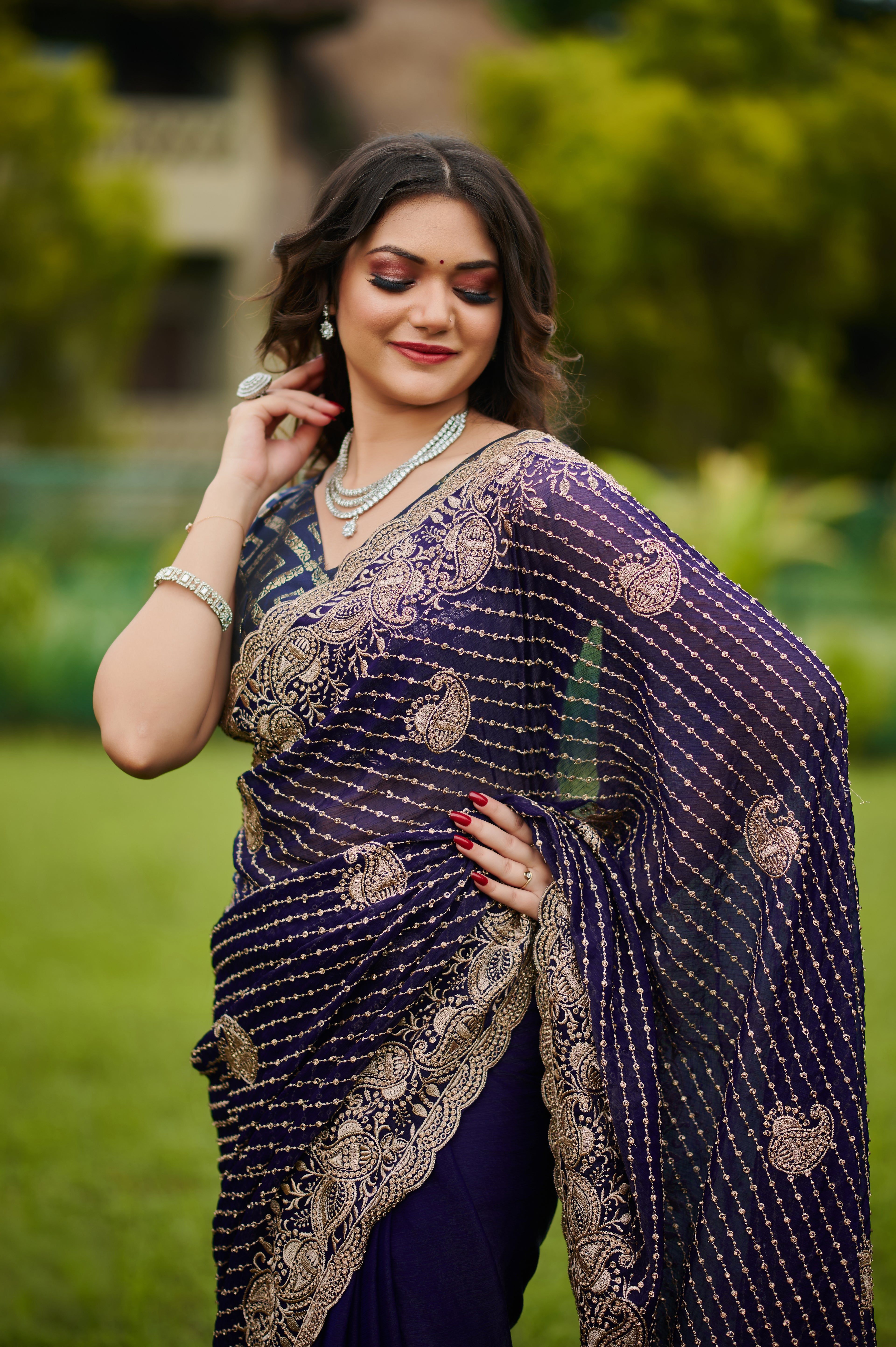 Regal Purple Bollywood chiffon Drape Saree with Antique Zari Embroidery