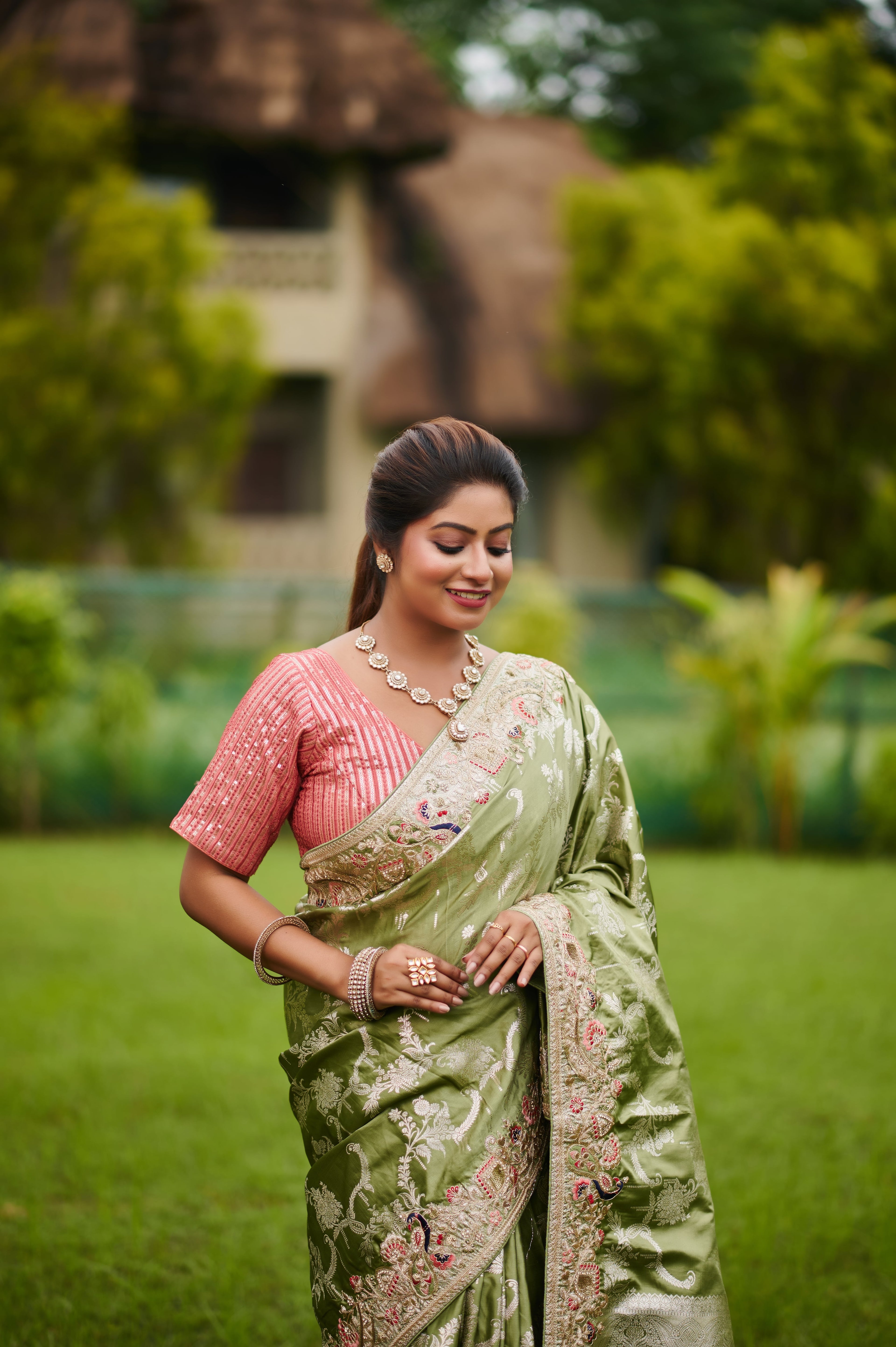 Olive Royalty – Bridal Pure Silk Saree with Exquisite Zari Gota Patti & Thread Work