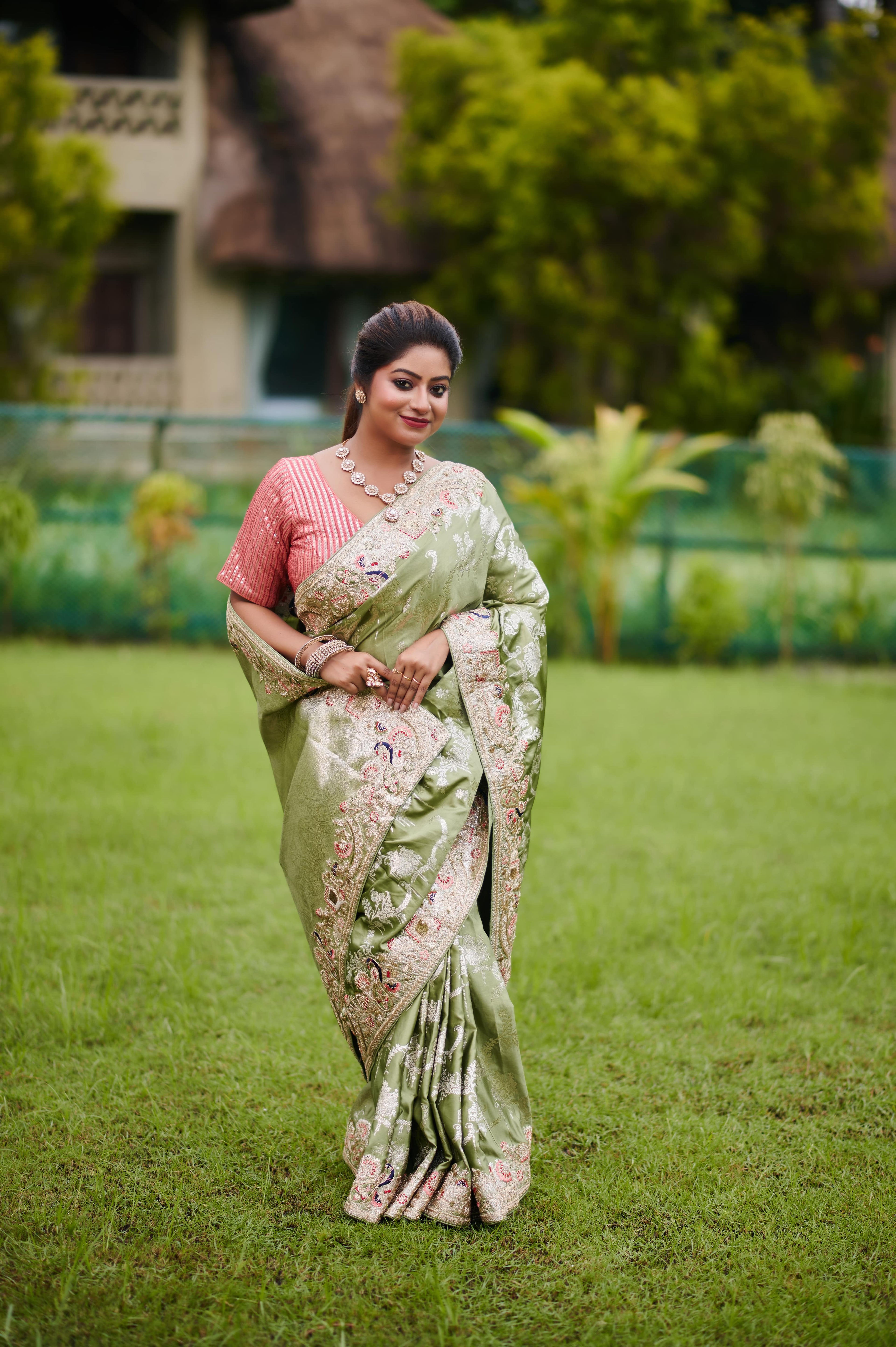 Olive Royalty – Bridal Pure Silk Saree with Exquisite Zari Gota Patti & Thread Work
