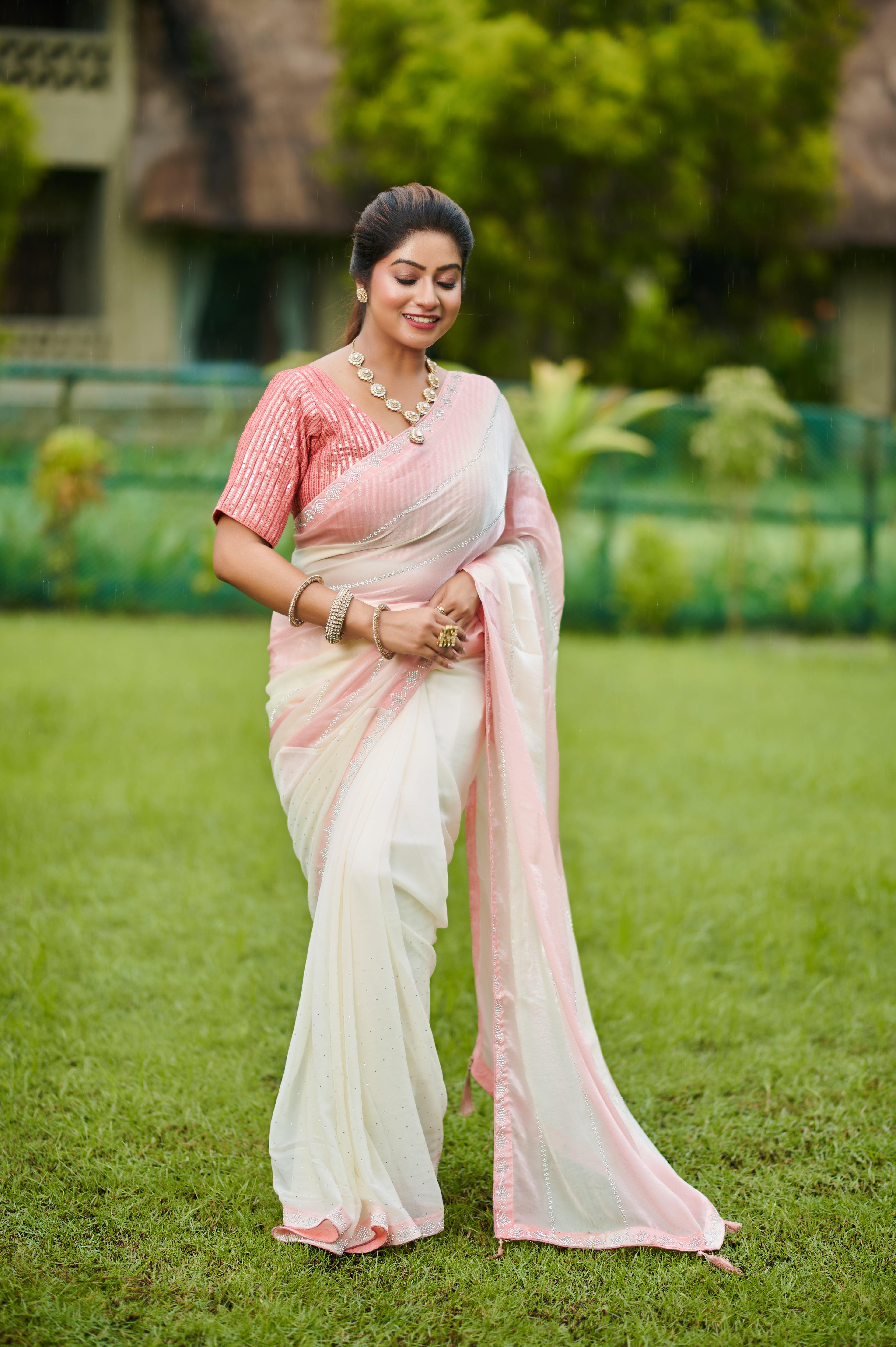 "Romantic & Dreamy” – Baby Pink & Ivory Bollywood chiffon Party Wear Saree
