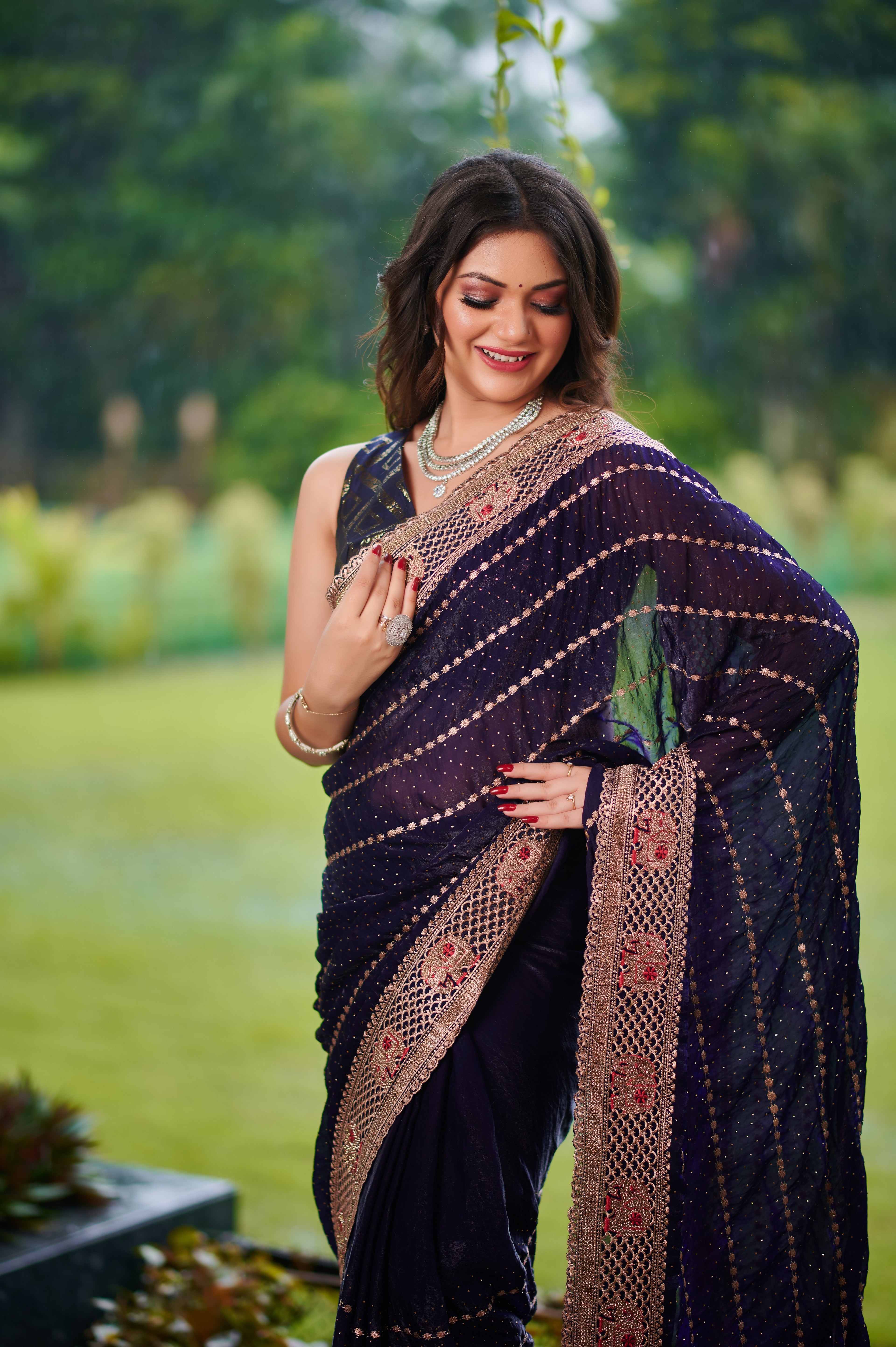 Midnight Blue Glamour – Luxe Bollywood chiffon Party & Bridal Saree
