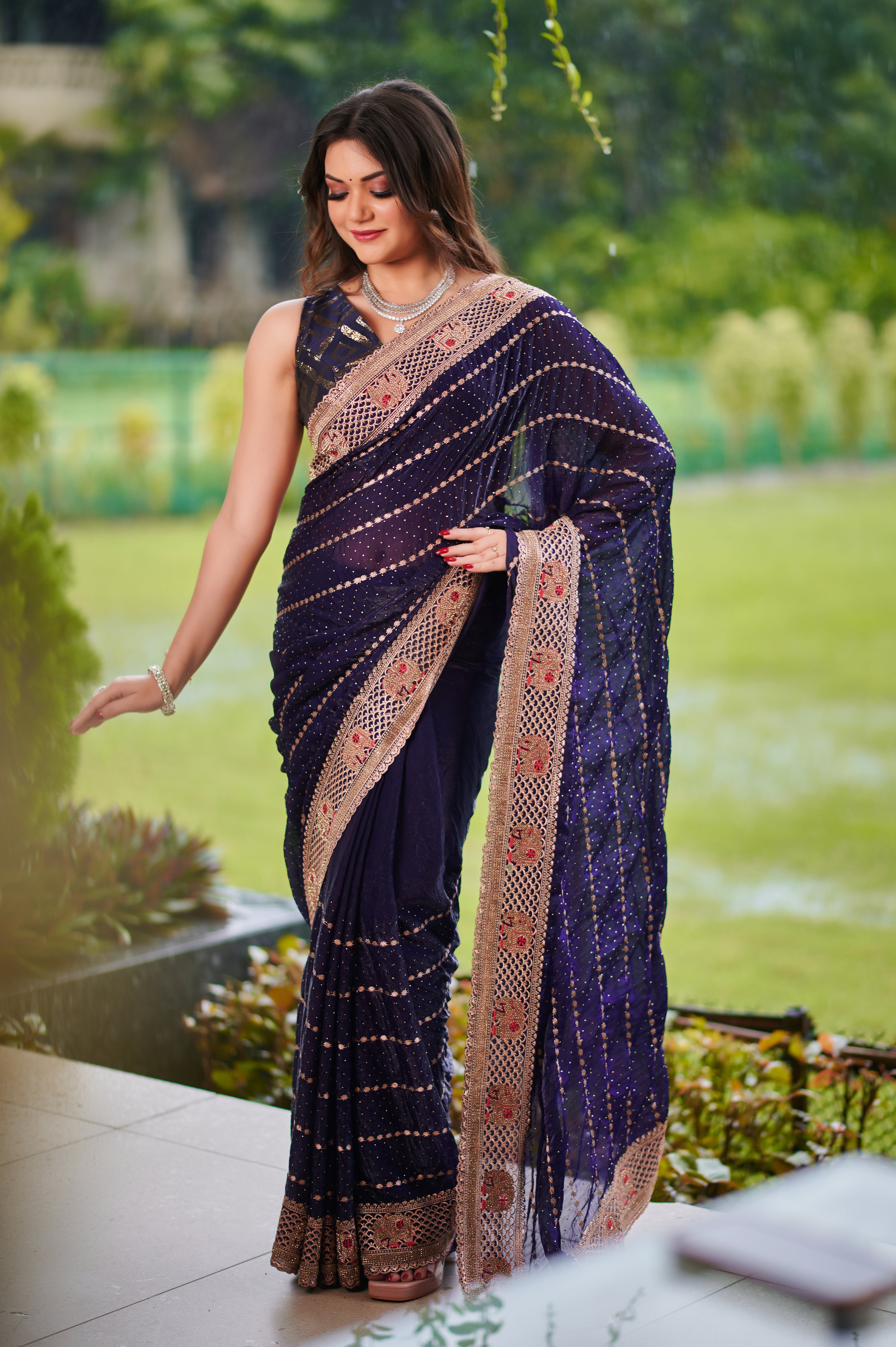 Midnight Blue Glamour – Luxe Bollywood chiffon Party & Bridal Saree