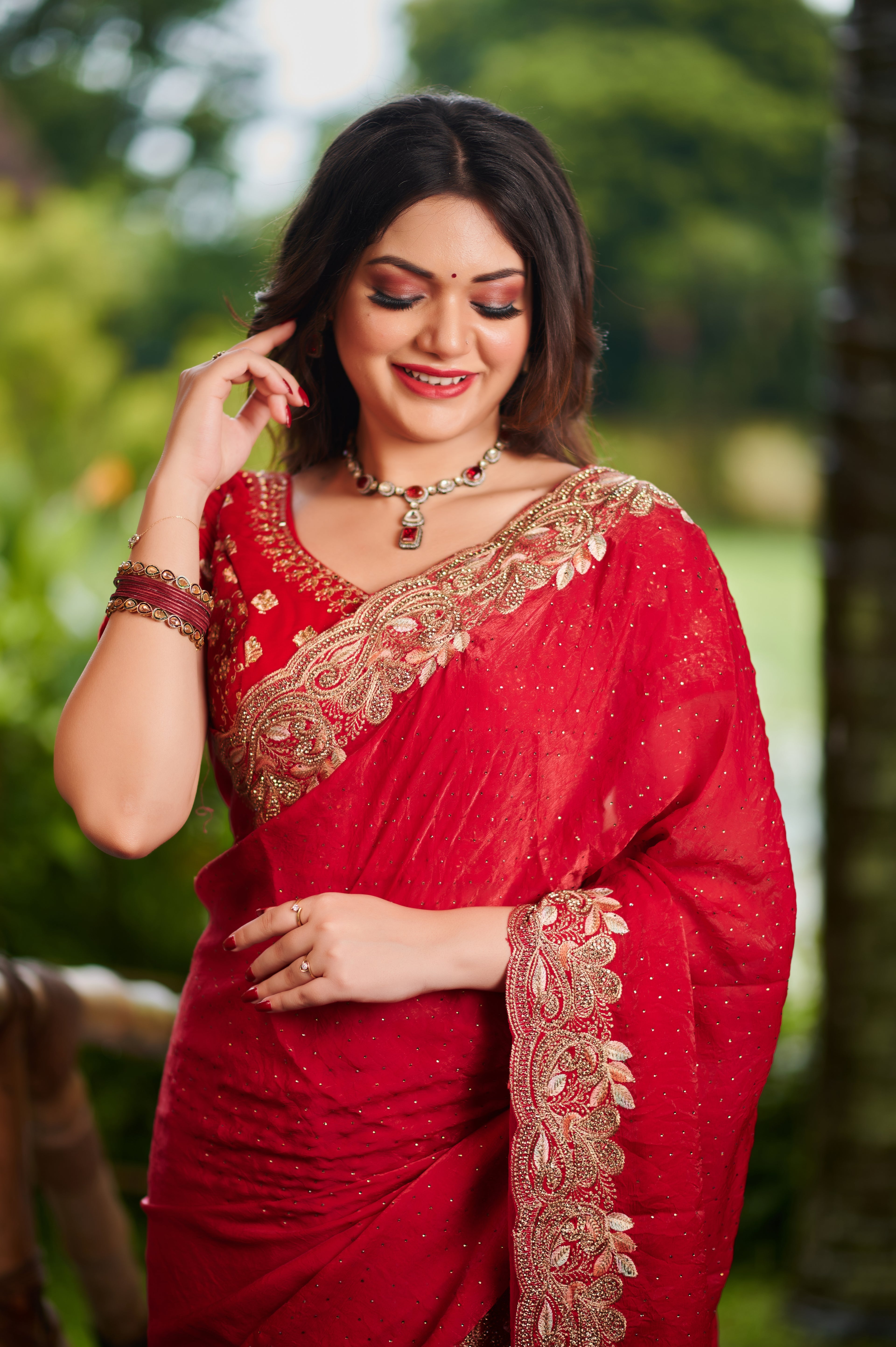 Radiant Red Bollywood chiffon Drape Embroidered Saree