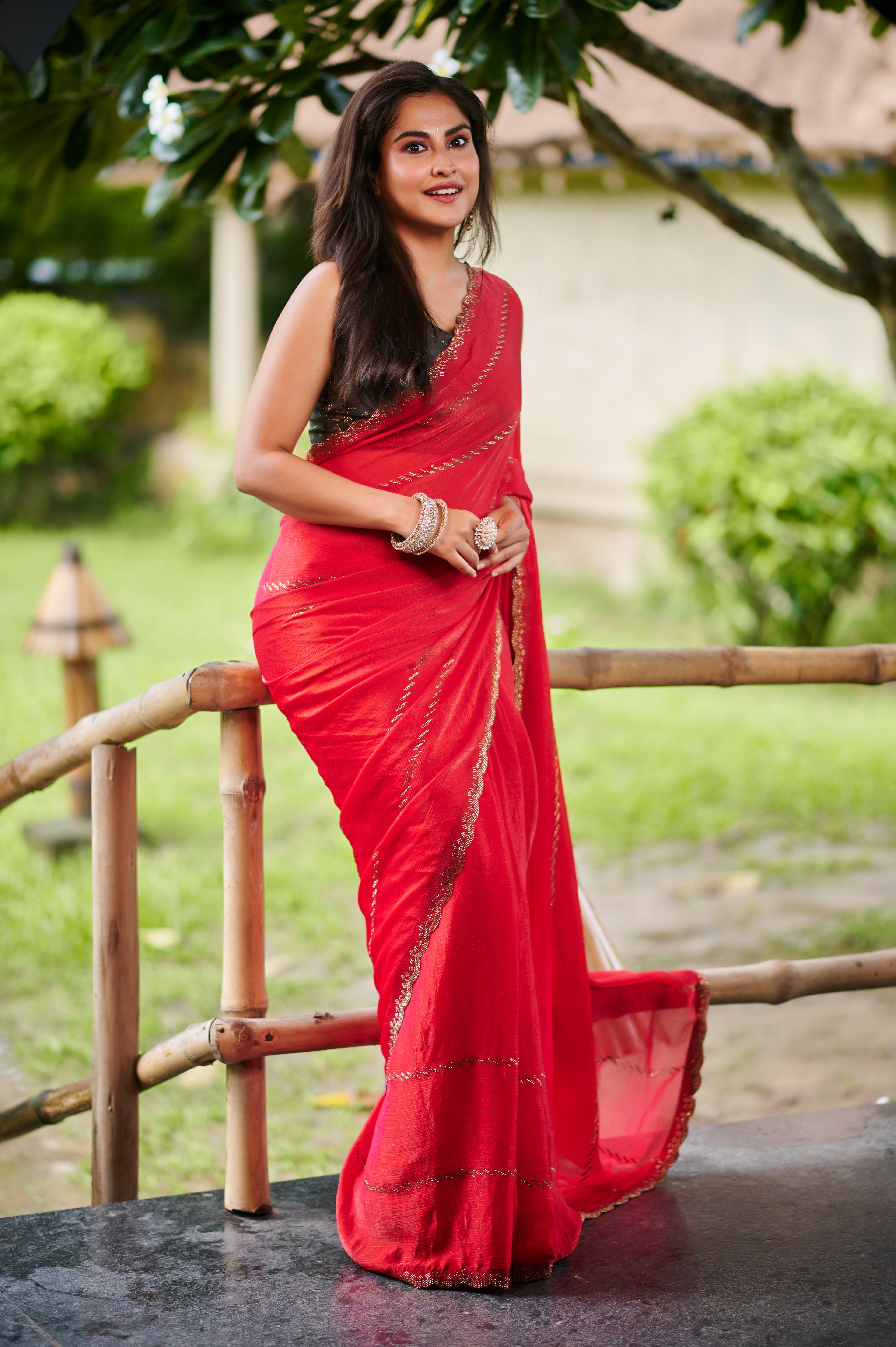 Elegant Red Bollywood chiffon Party Wear Saree