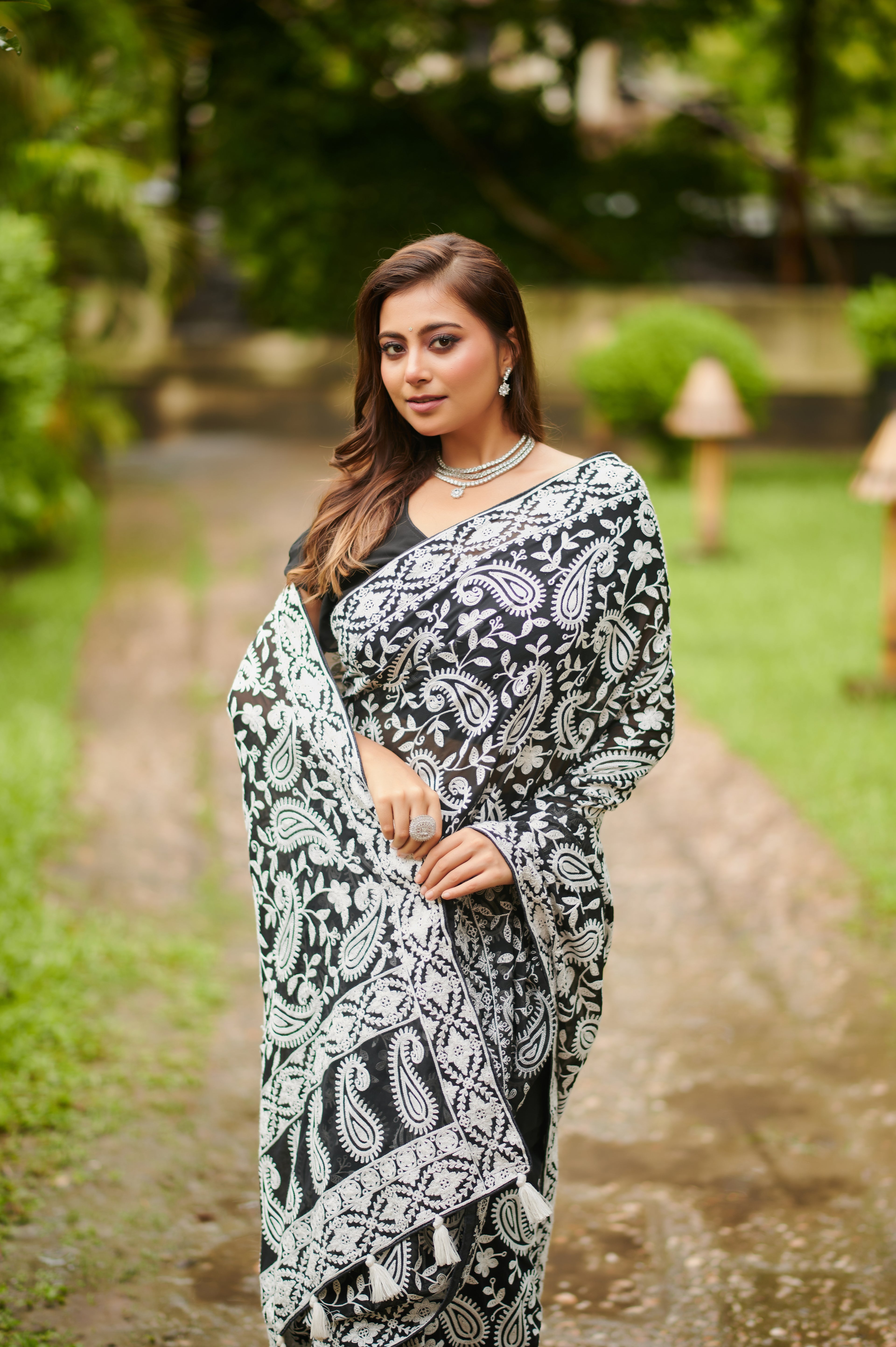 Midnight Bloom – Hand-Embroidered Georgette Saree