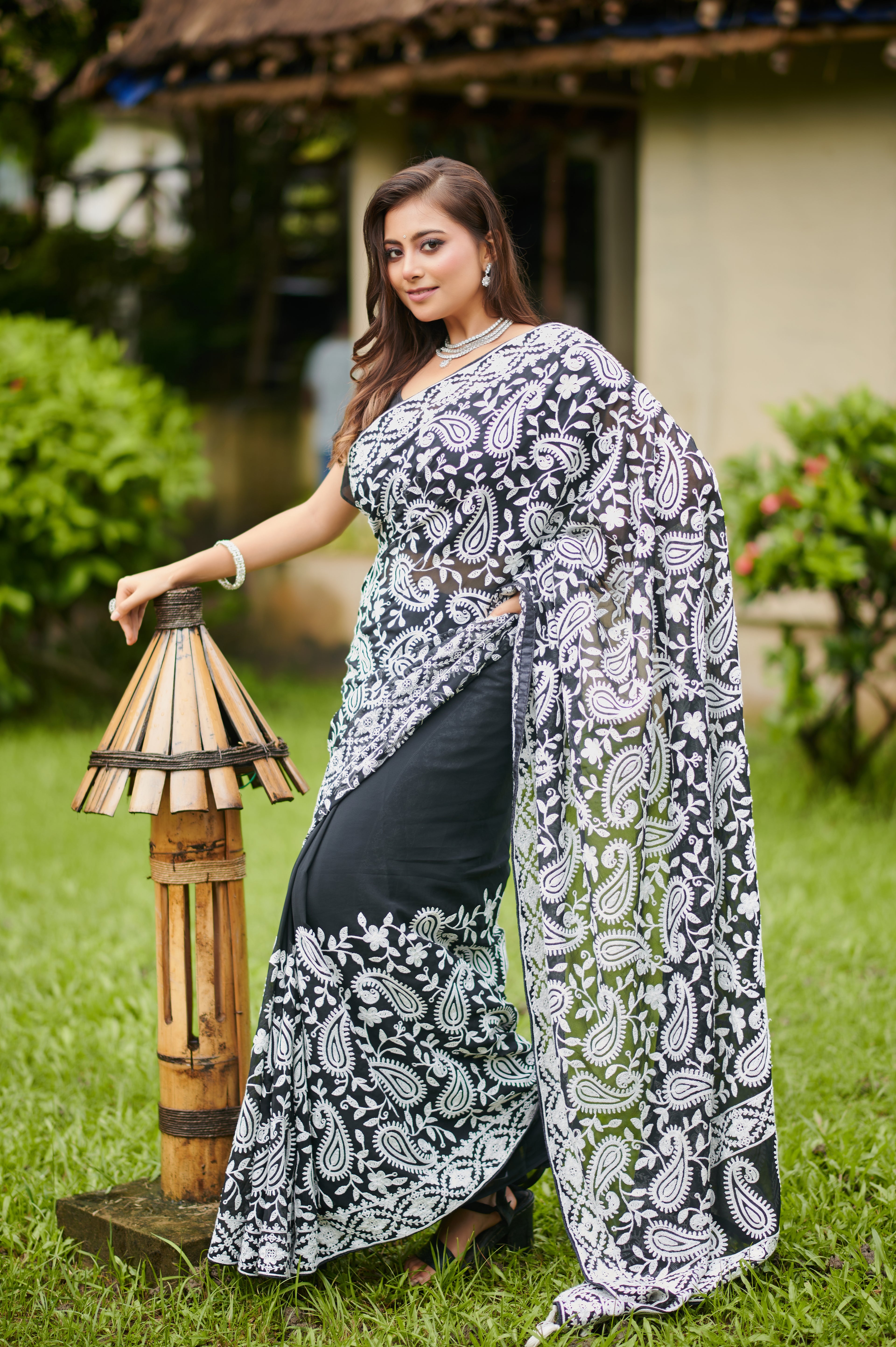Midnight Bloom – Hand-Embroidered Georgette Saree