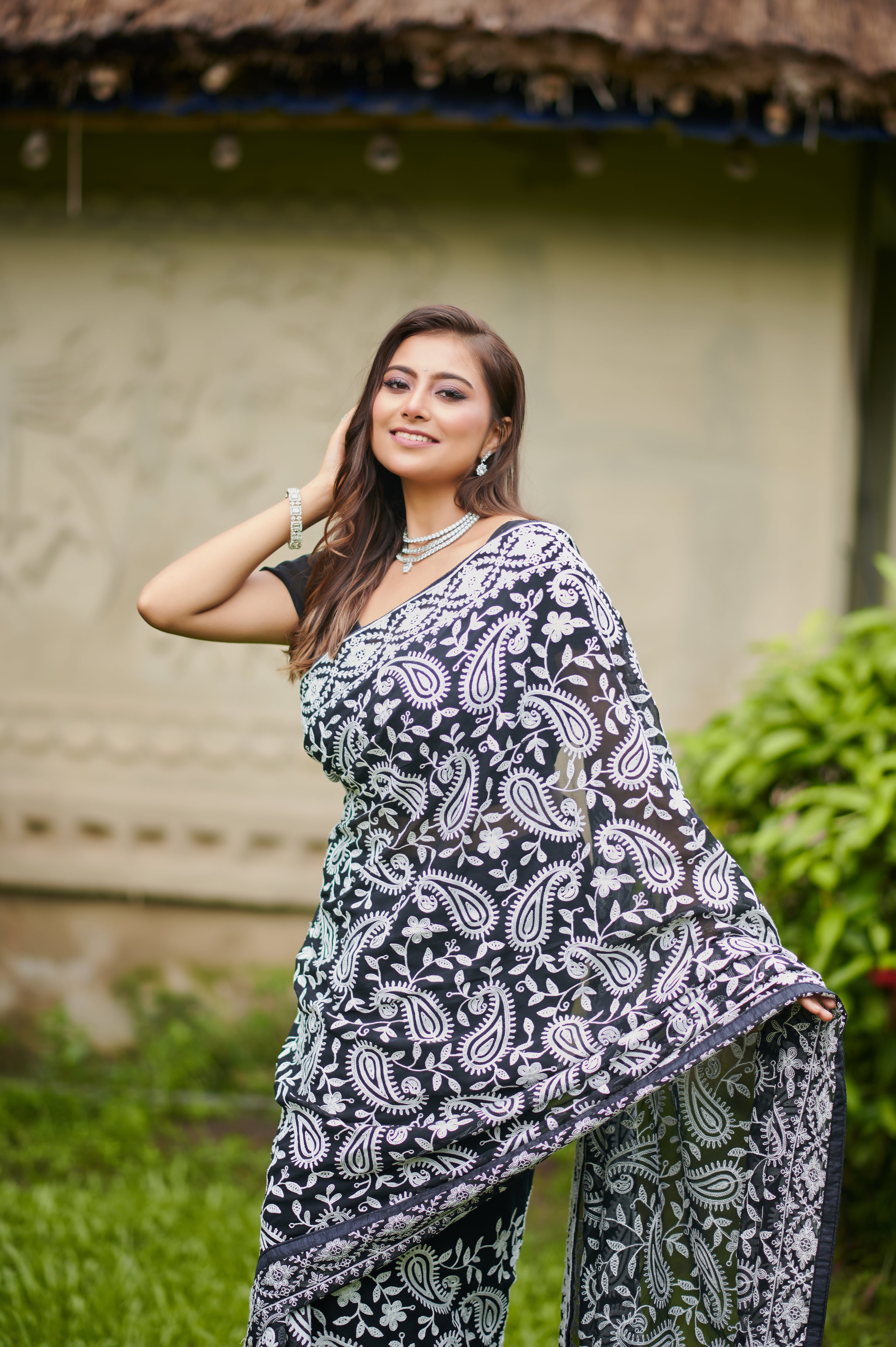 Midnight Bloom – Hand-Embroidered Georgette Saree