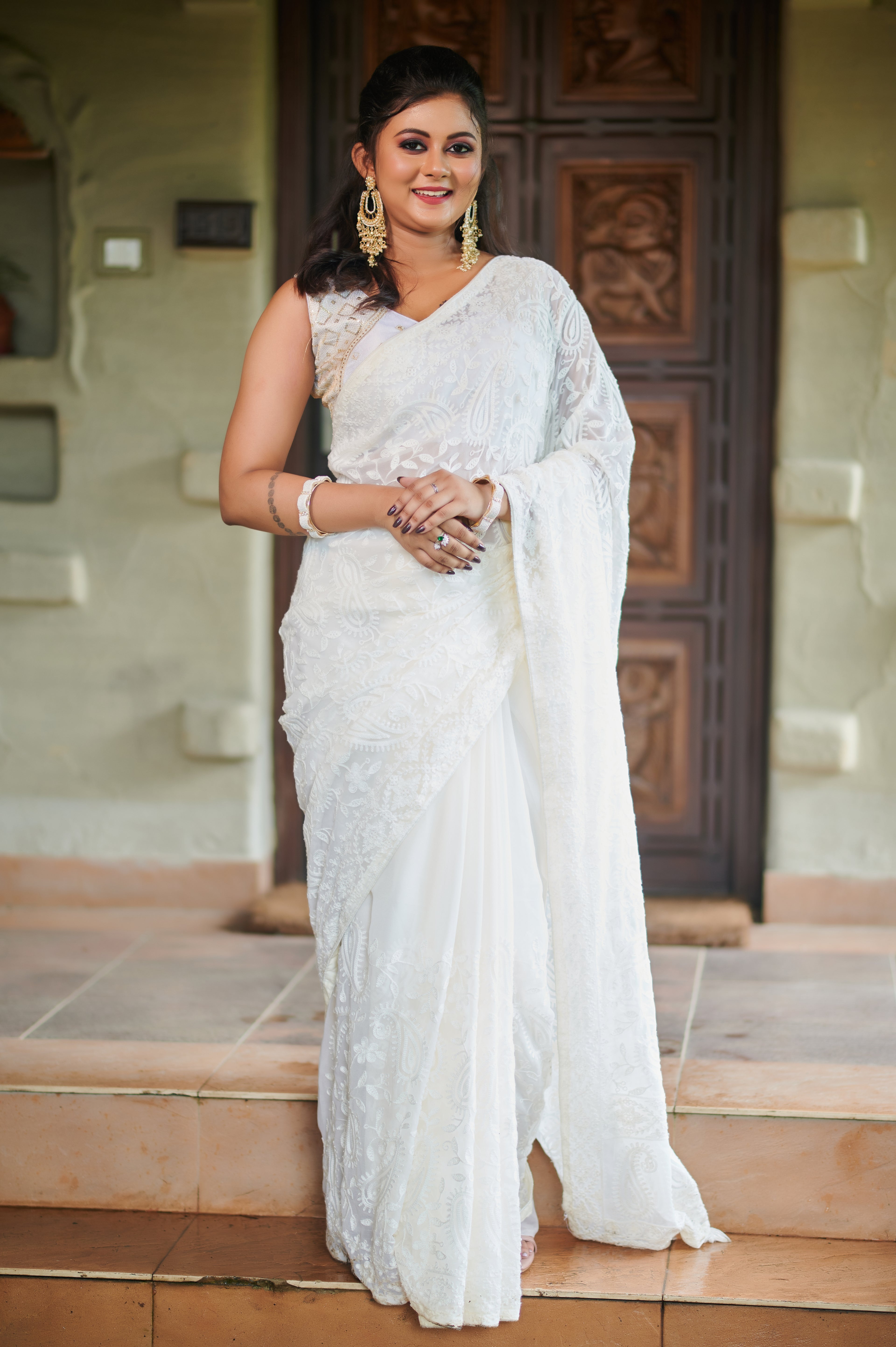 Ivory Whispers – Chikankari-Inspired White Georgette Saree