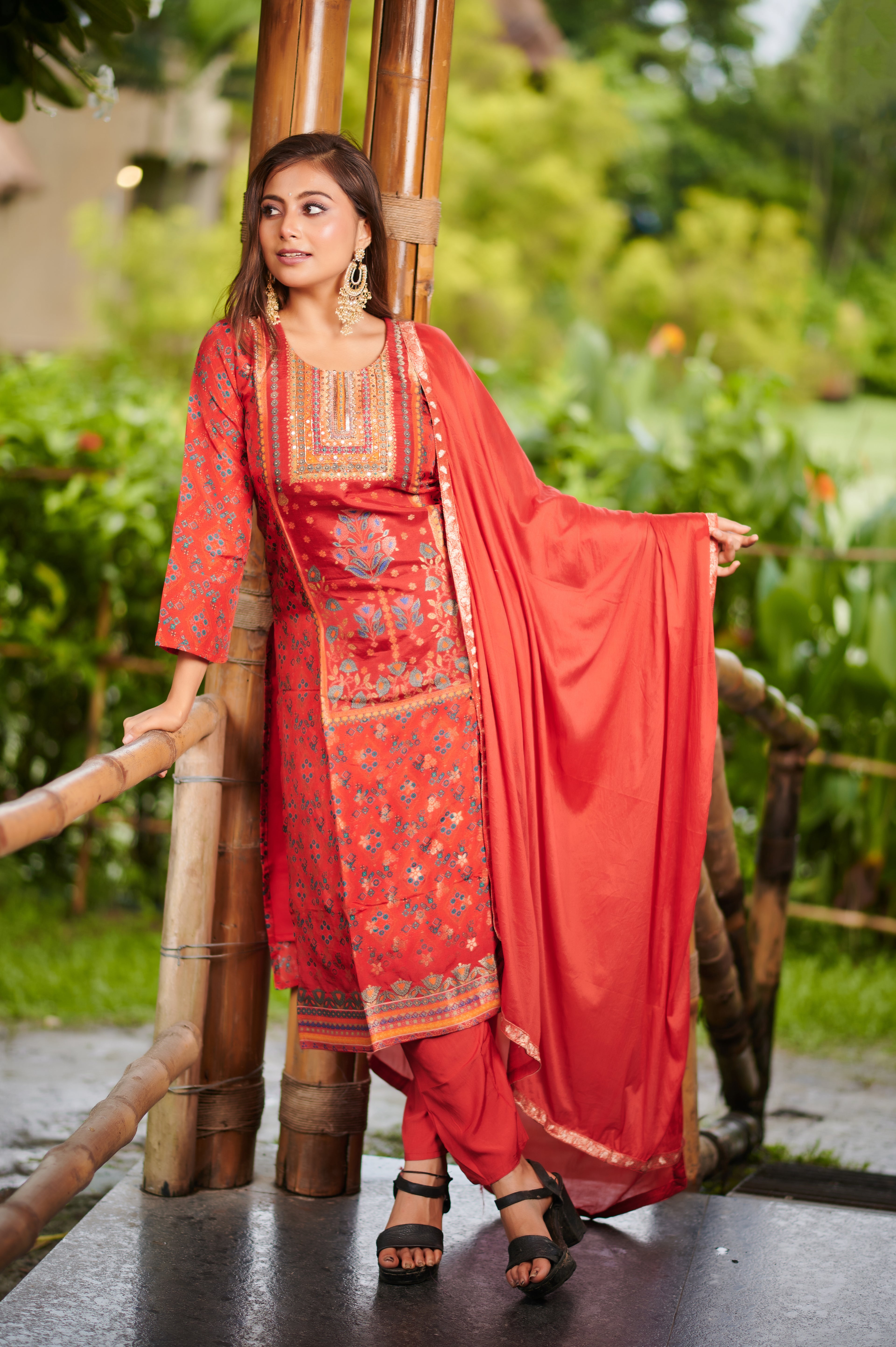 Rust Embroidered Elegance – 3 Piece Suit Set