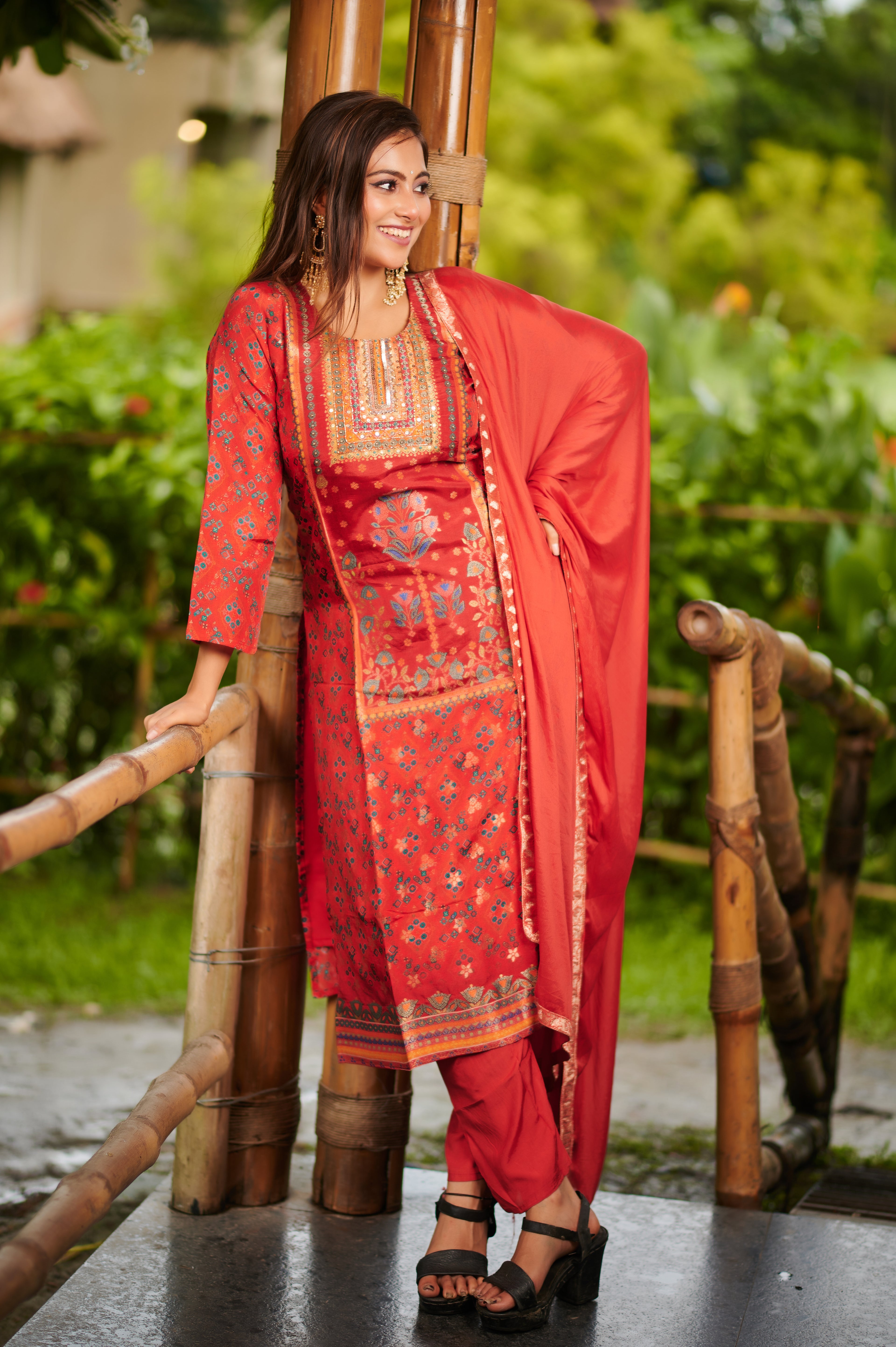 Rust Embroidered Elegance – 3 Piece Suit Set