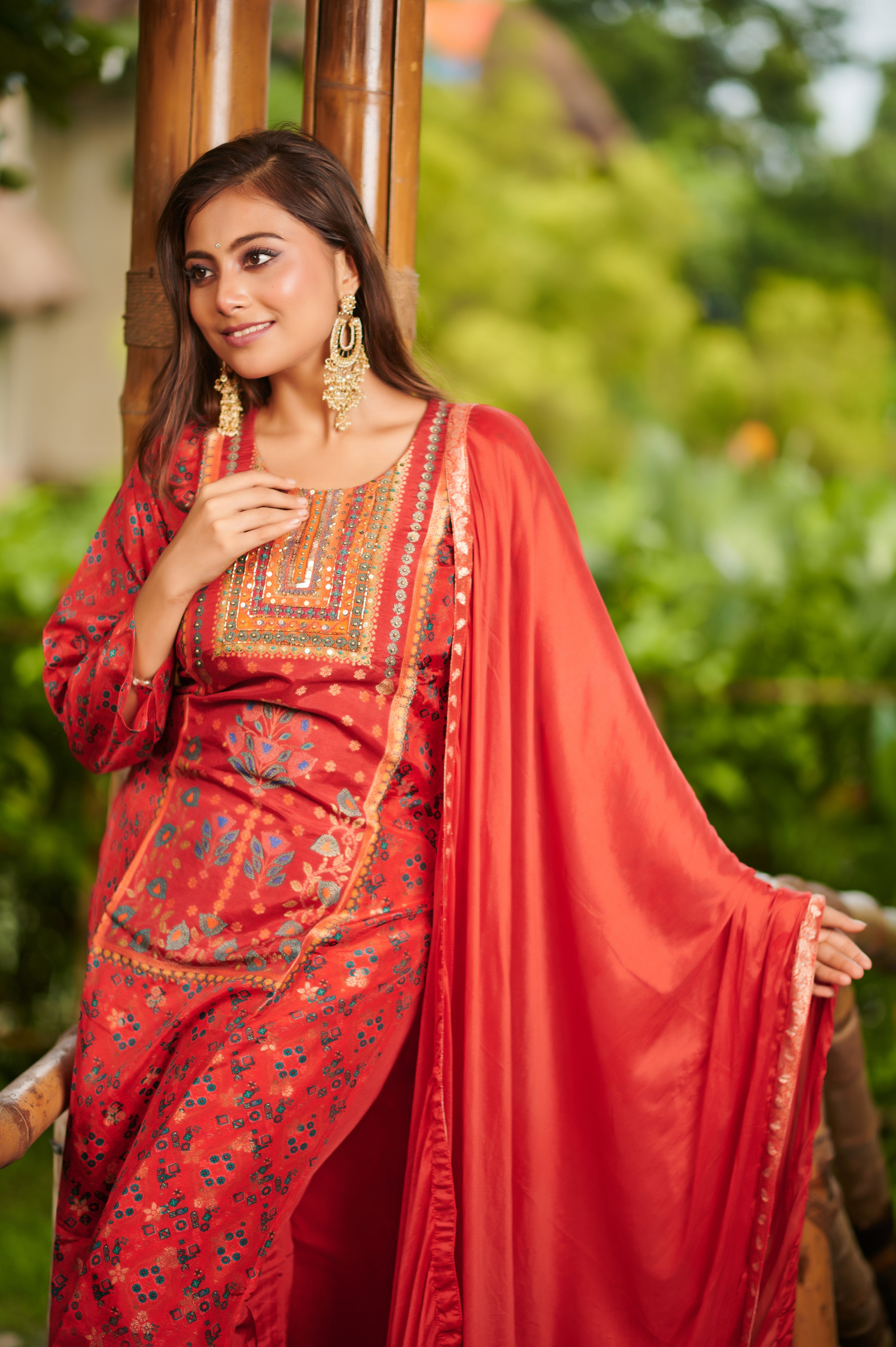 Rust Embroidered Elegance – 3 Piece Suit Set