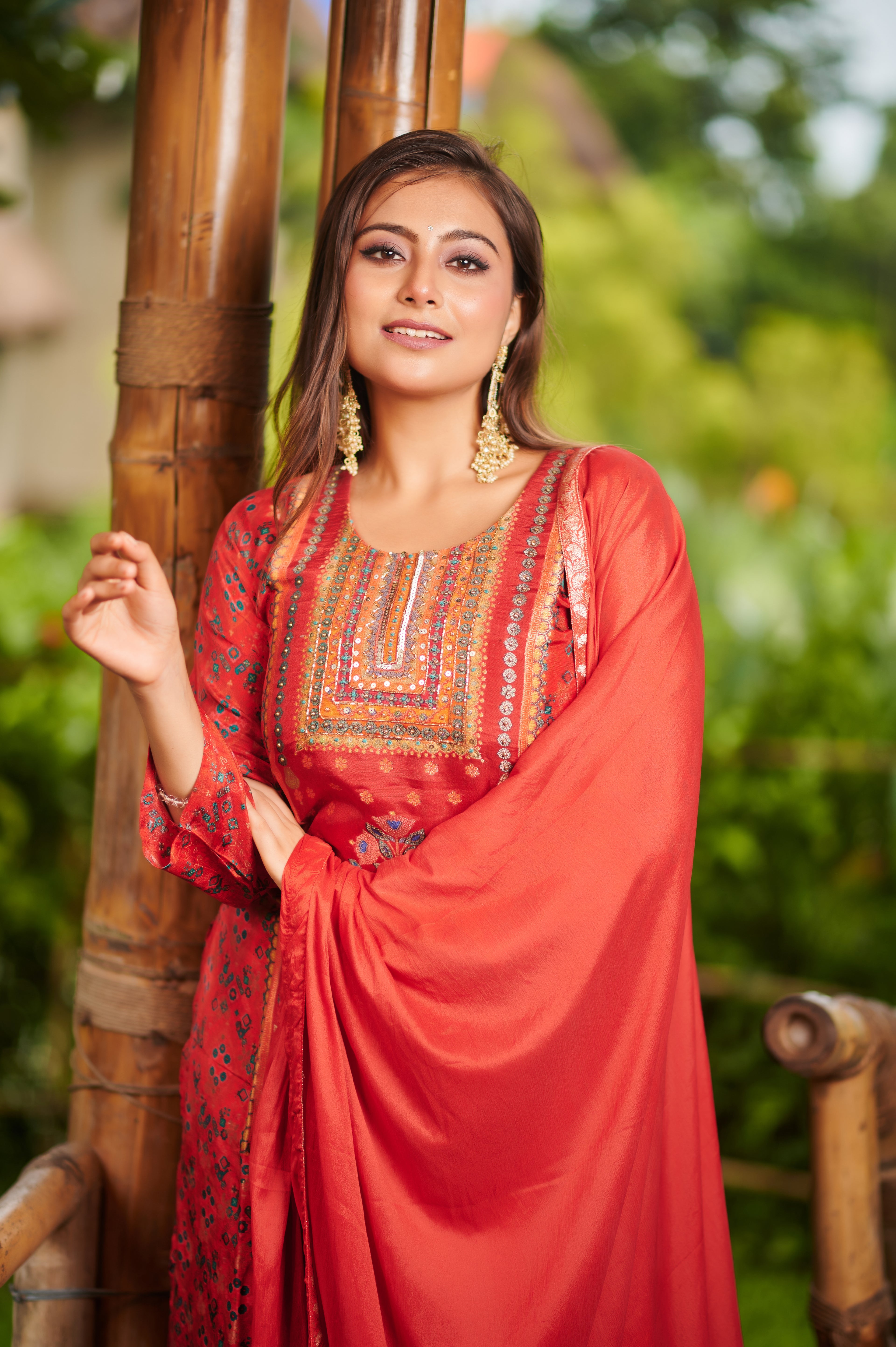 Rust Embroidered Elegance – 3 Piece Suit Set