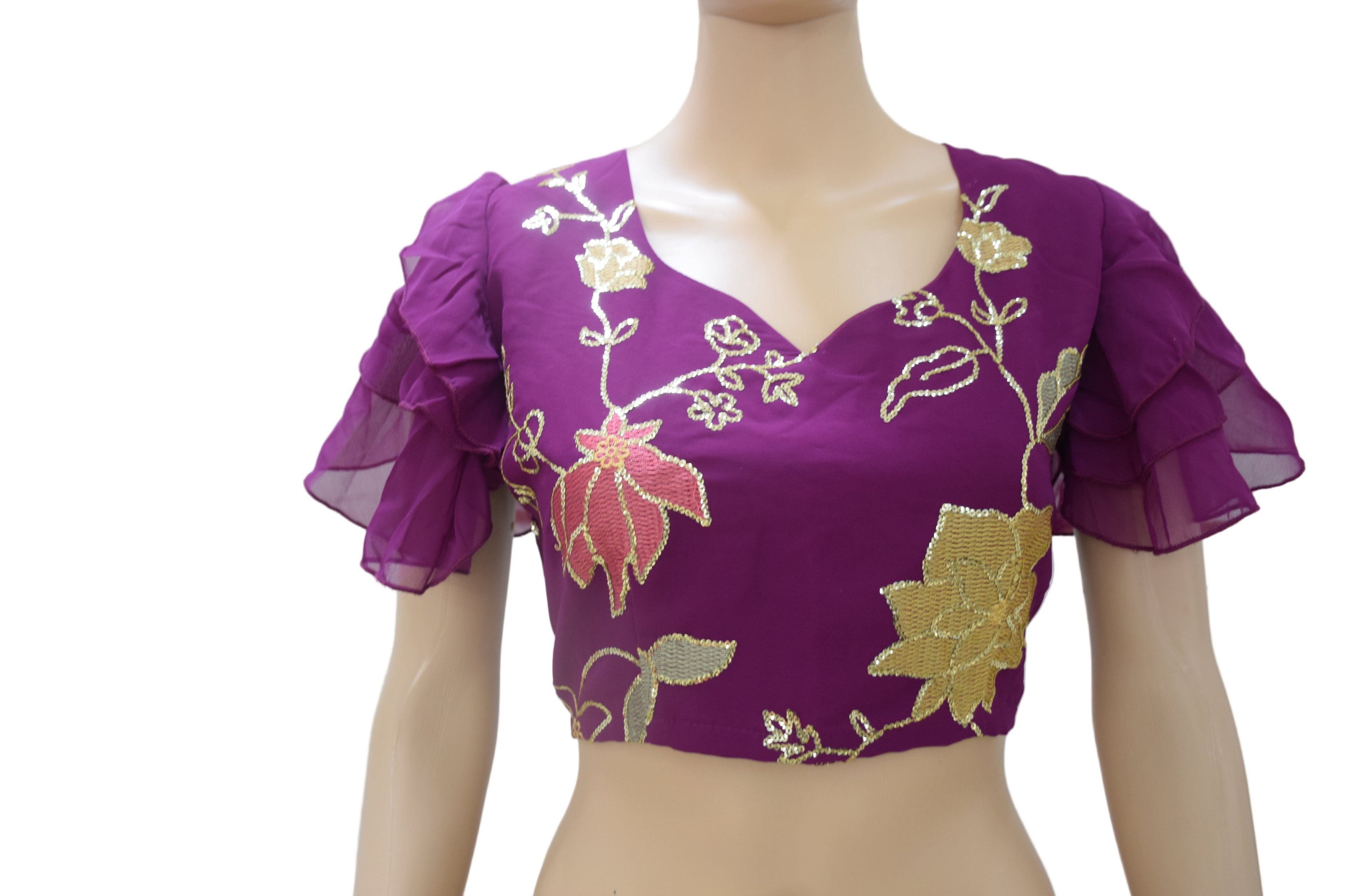 Purple Embroidered Ruffle-Sleeve Blouse