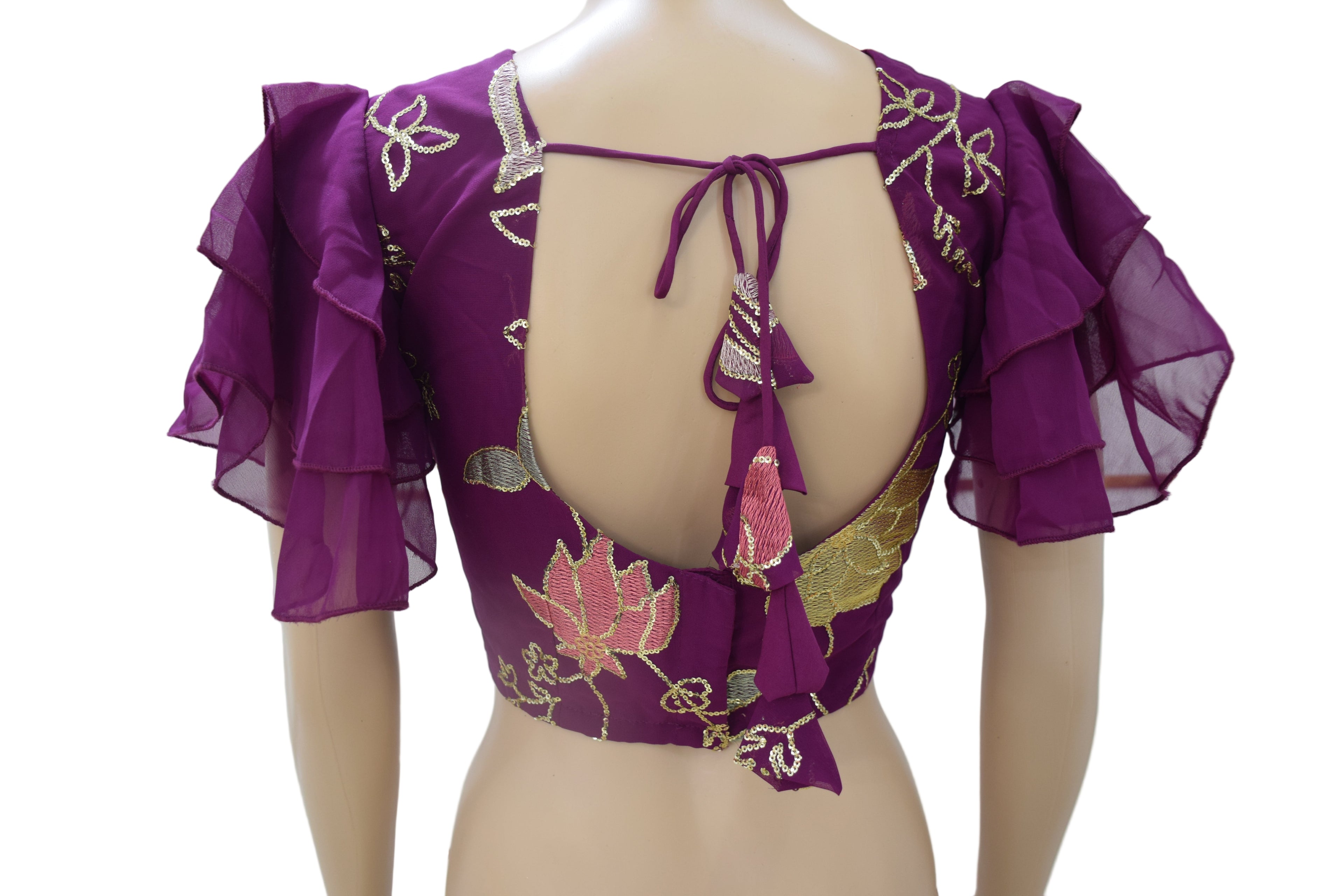 Purple Embroidered Ruffle-Sleeve Blouse