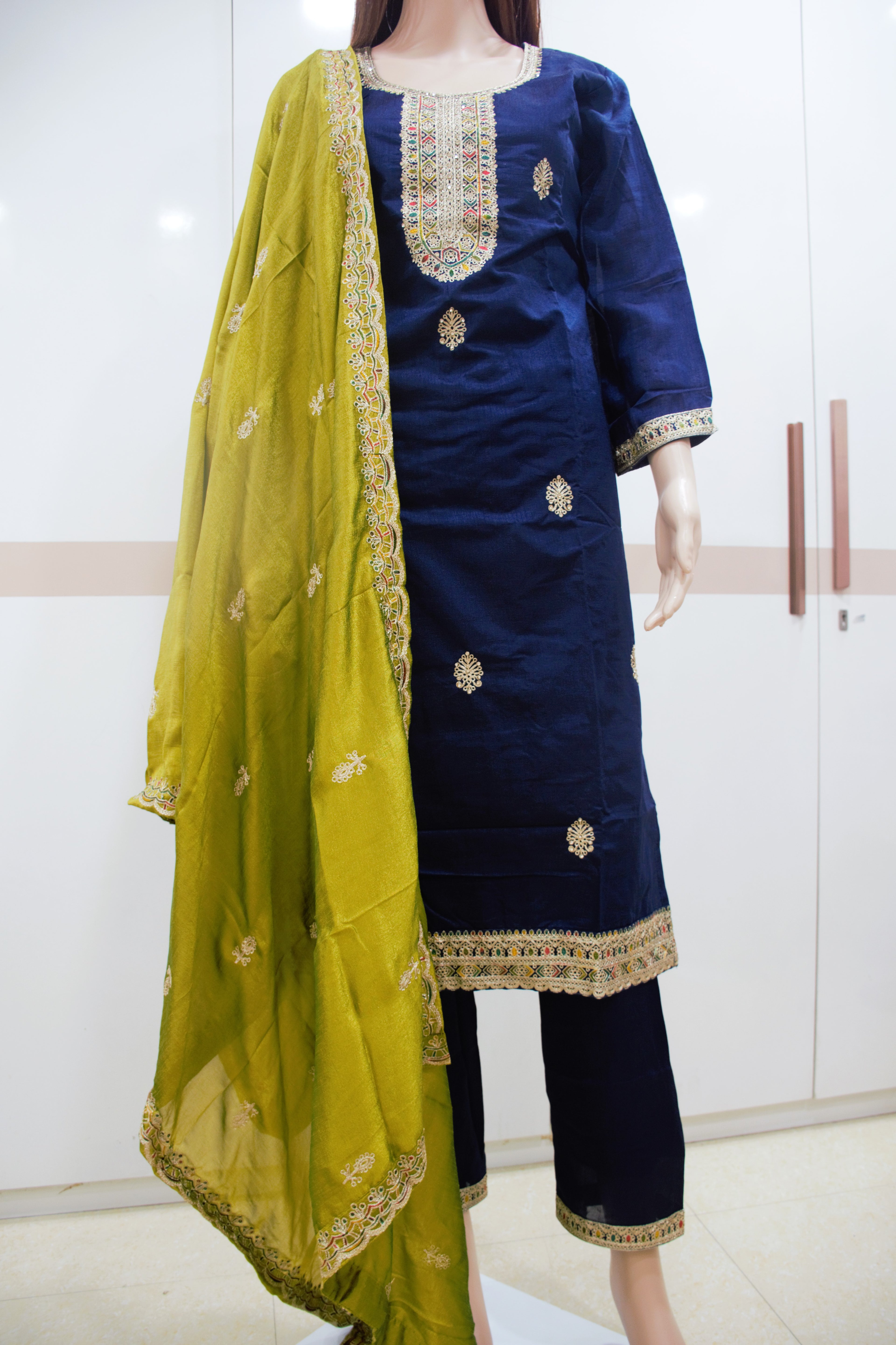 Midnight Blue & Olive Embroidered Kurta Set