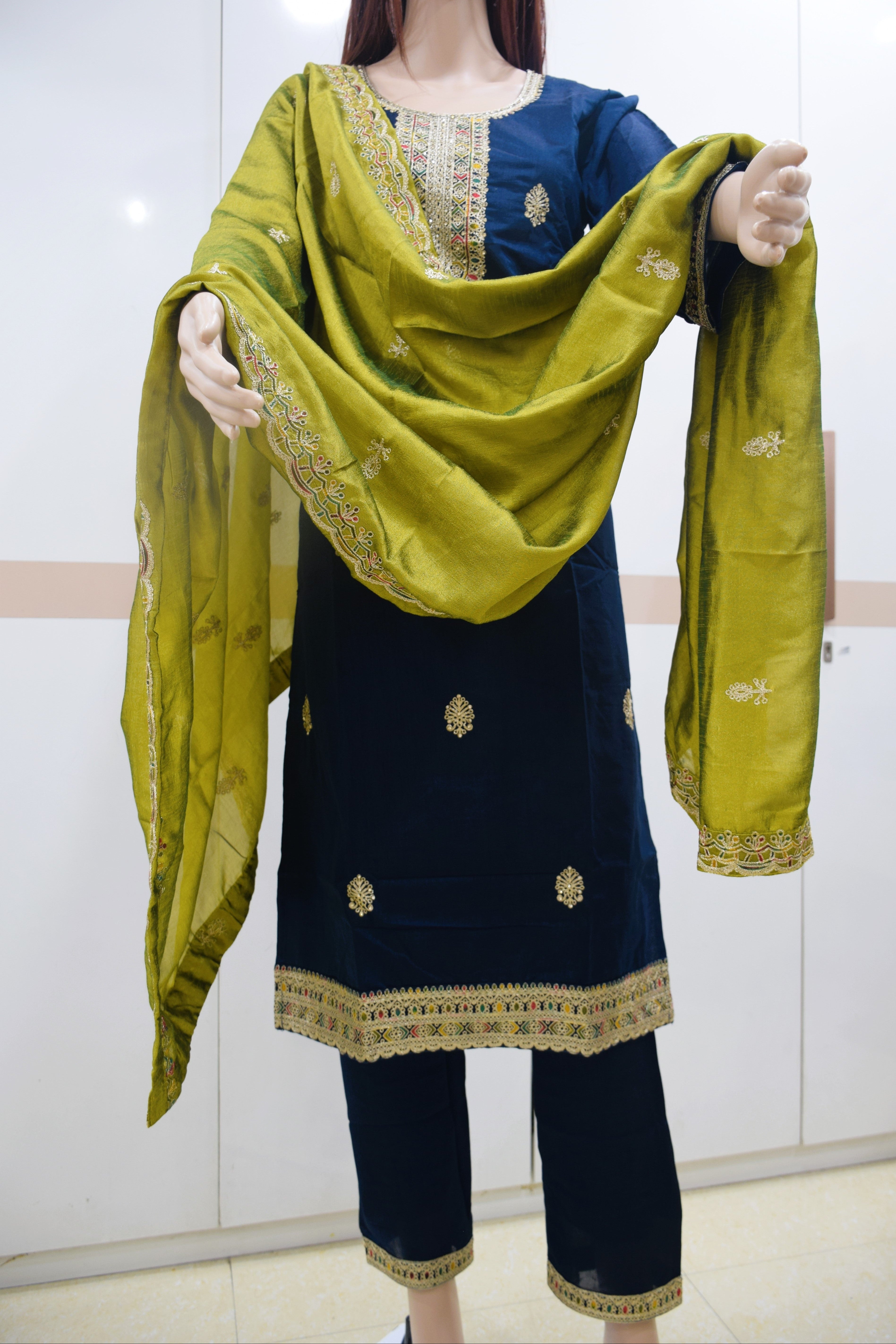 Midnight Blue & Olive Embroidered Kurta Set