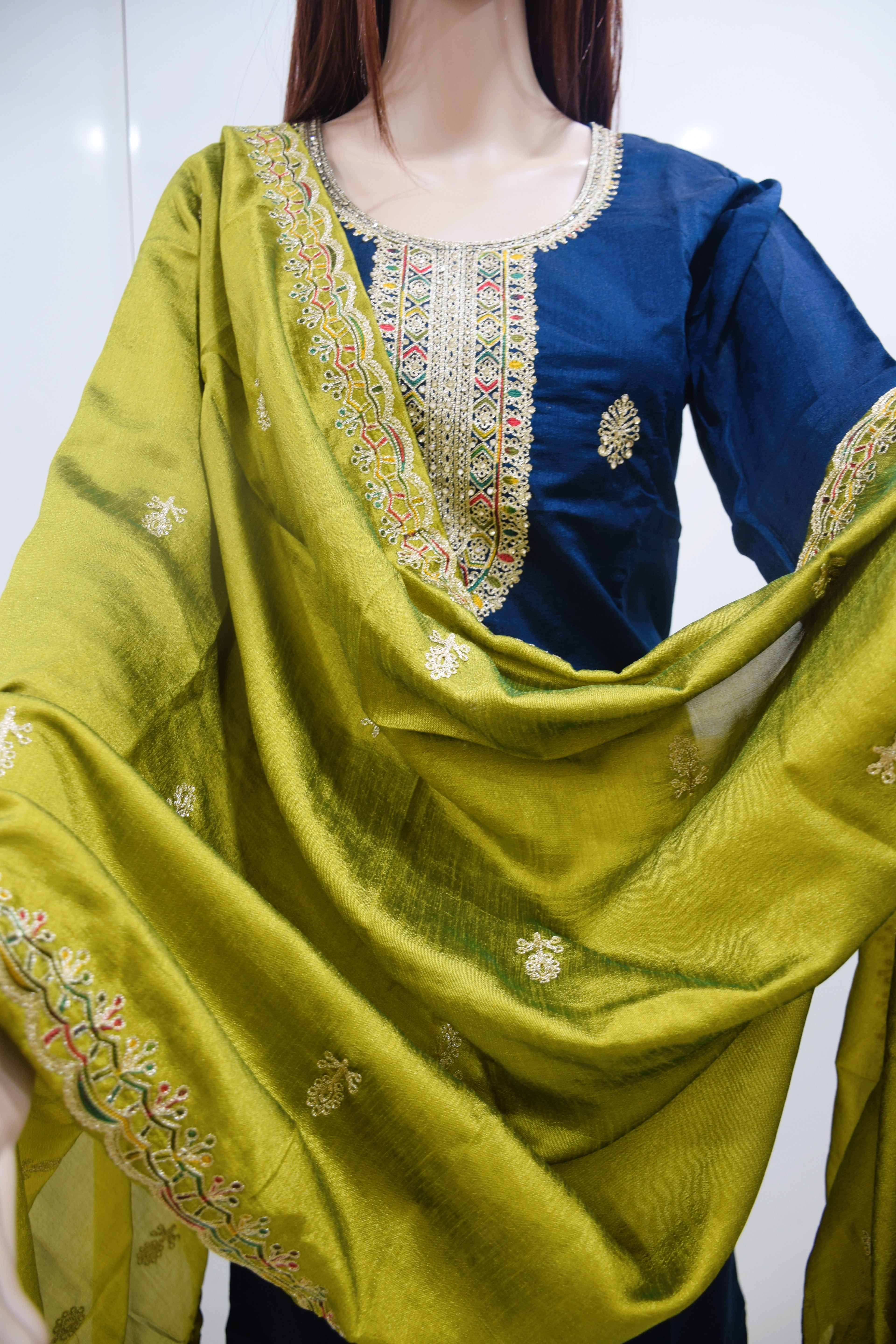 Midnight Blue & Olive Embroidered Kurta Set