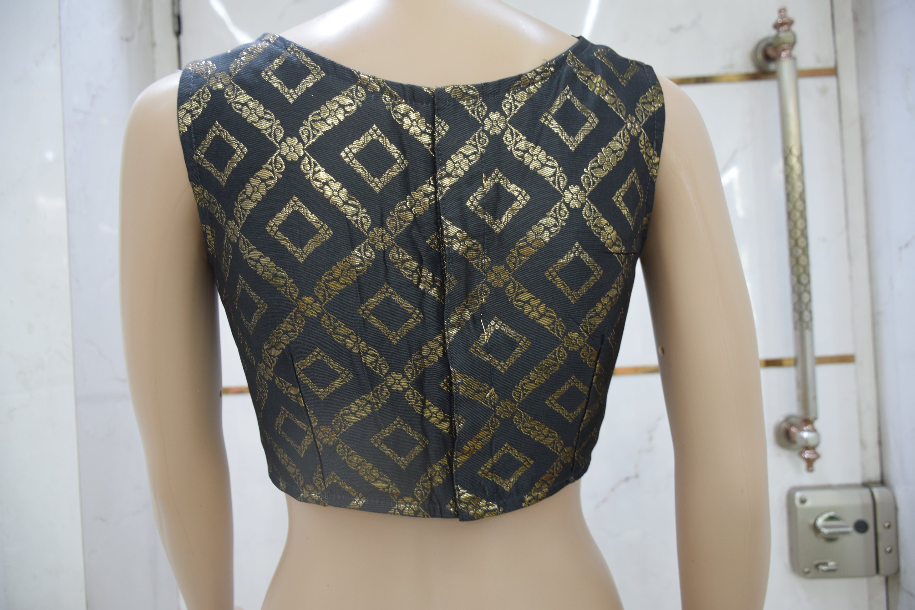 Charcoal Grey and Gold Geometric Brocade Blouse